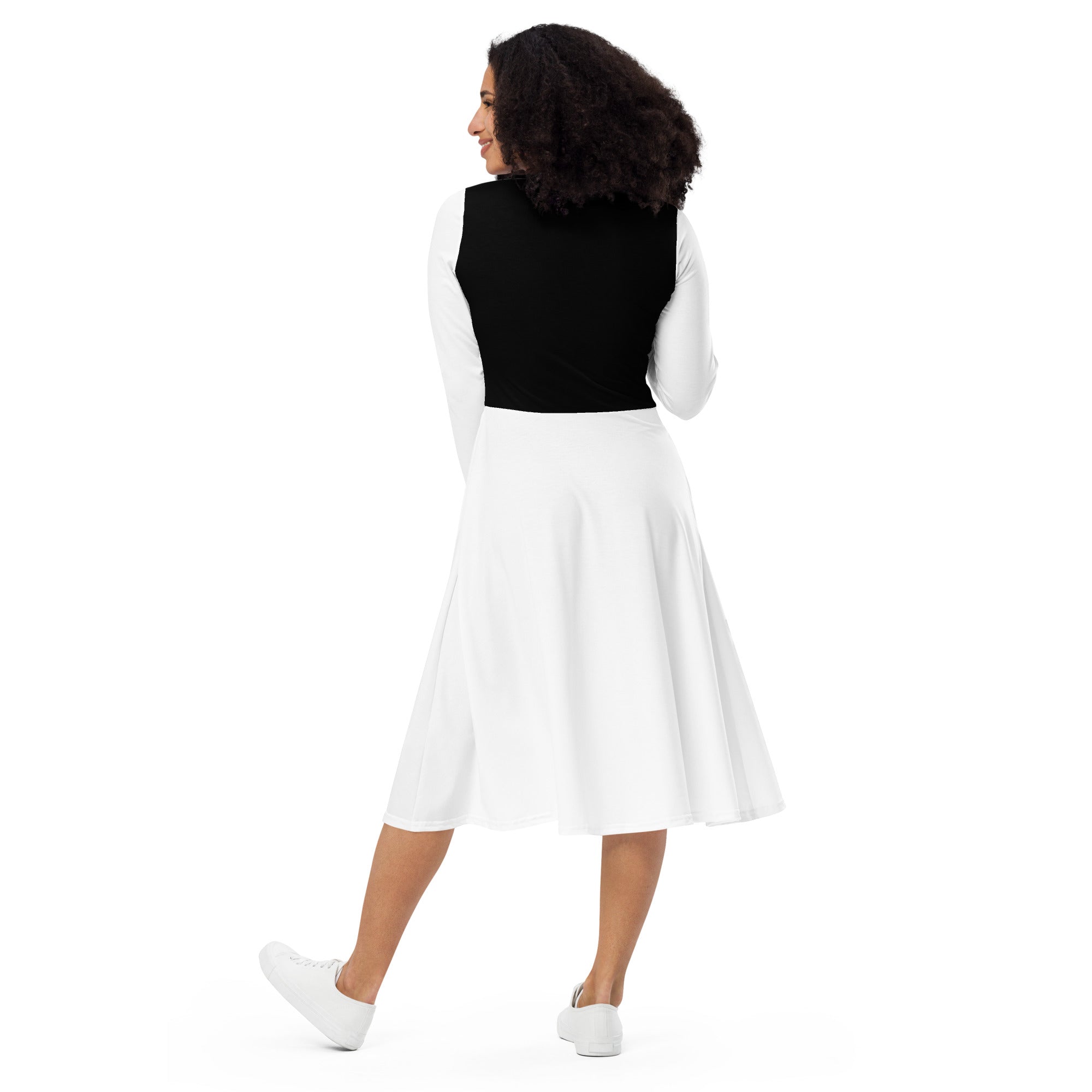 White & Black Long Sleeve Midi Dress - ClotheNest