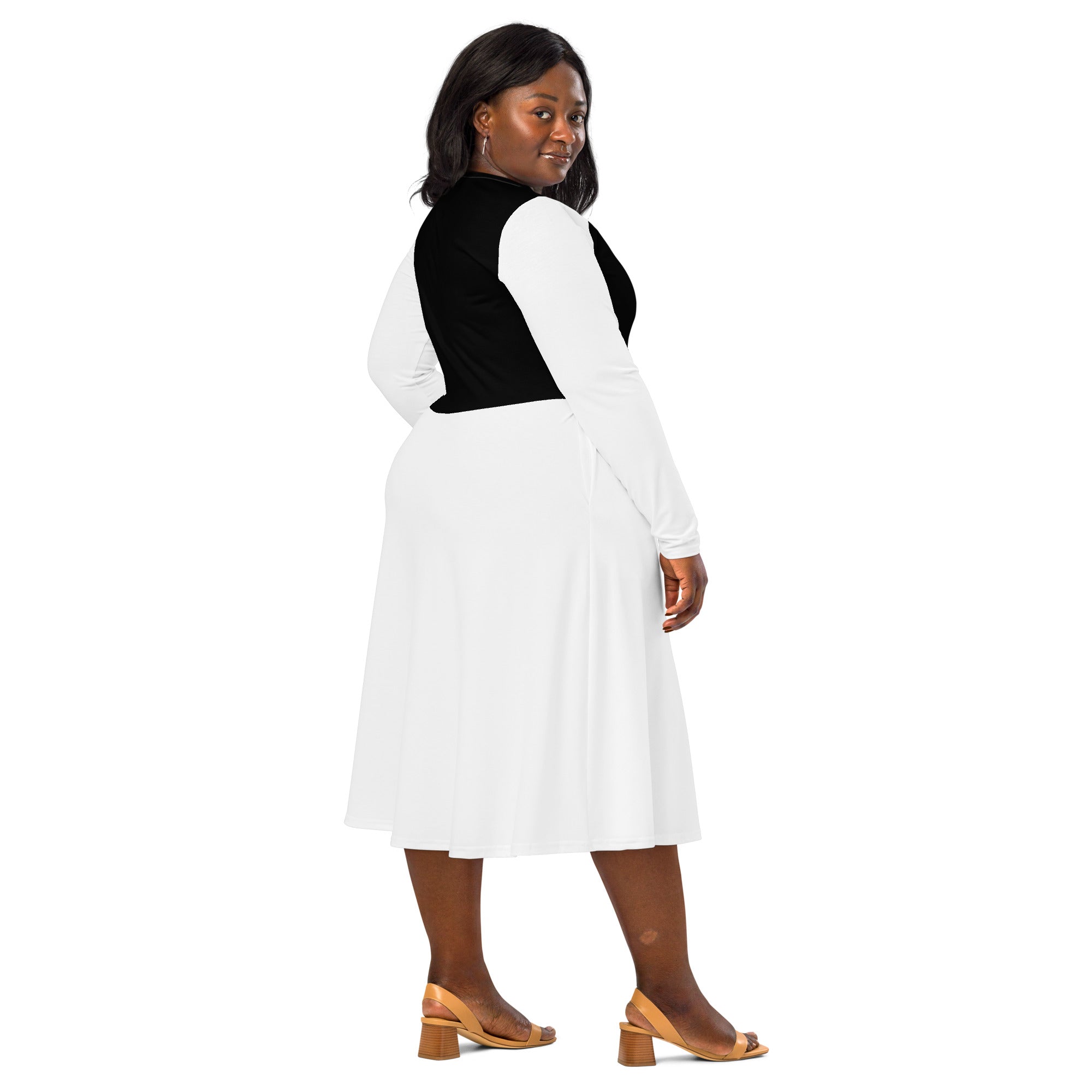 White & Black Long Sleeve Midi Dress - ClotheNest