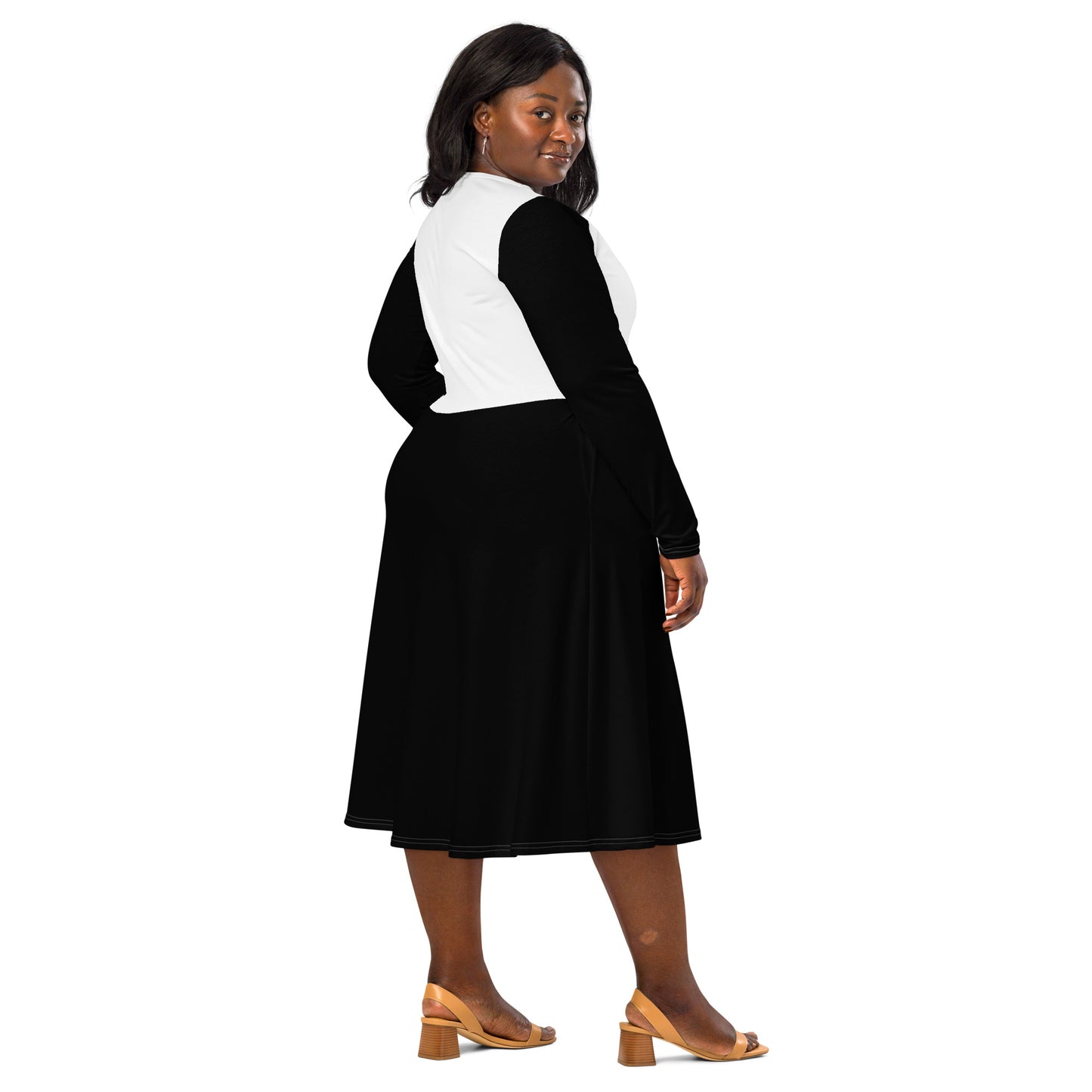 Black & White Long Sleeve Midi Dress - ClotheNest