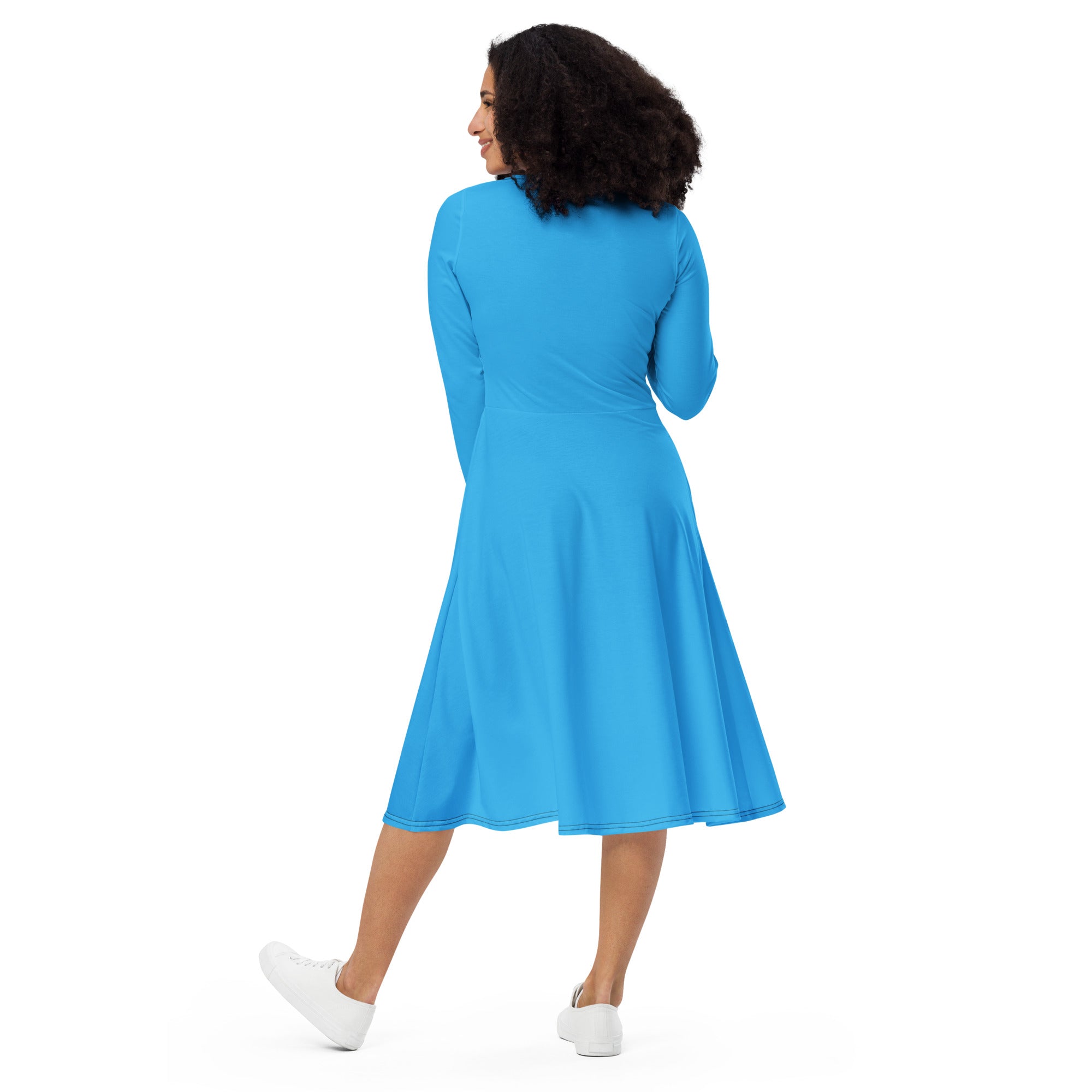 Deep Sky Blue Long Sleeve Midi Dress - ClotheNest