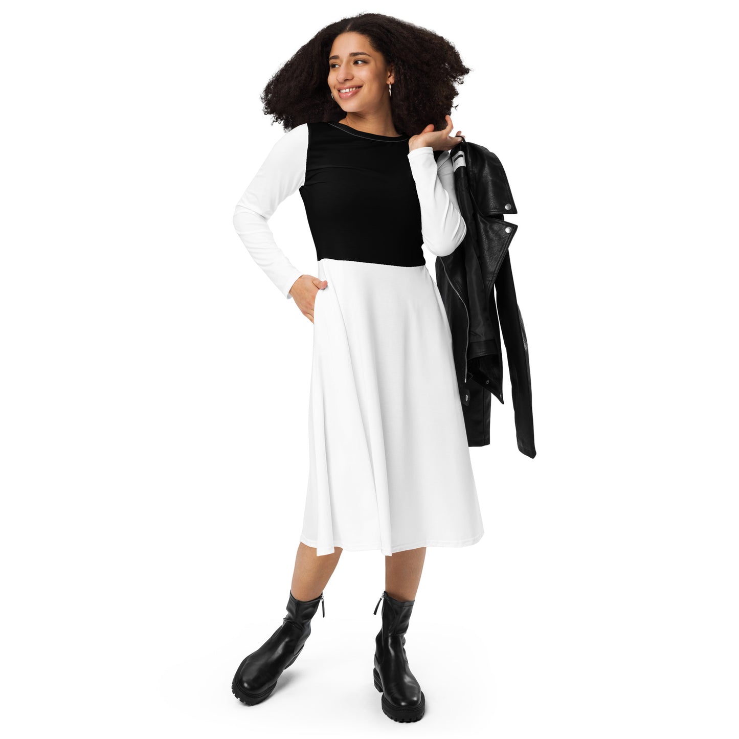 White & Black Long Sleeve Midi Dress - ClotheNest