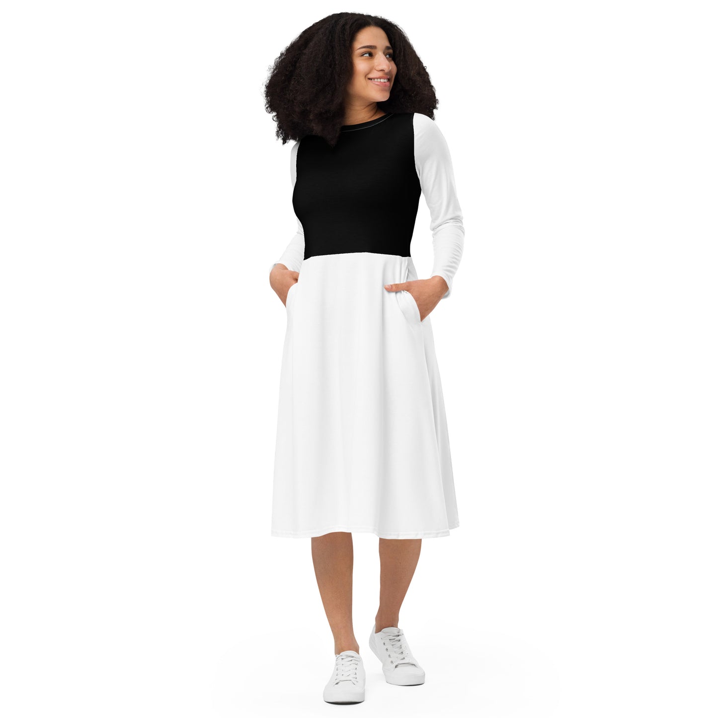 White & Black Long Sleeve Midi Dress - ClotheNest