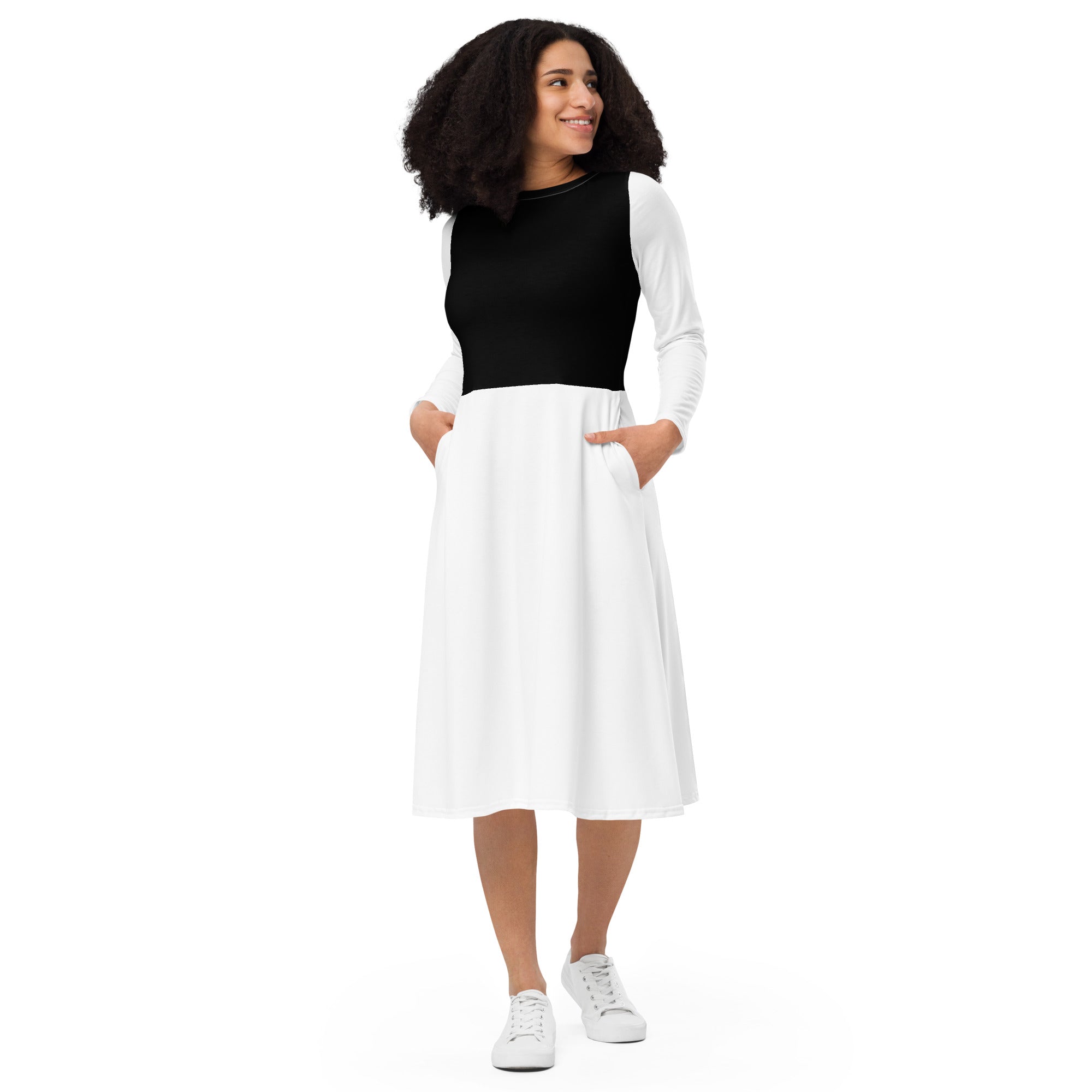 White & Black Long Sleeve Midi Dress - ClotheNest
