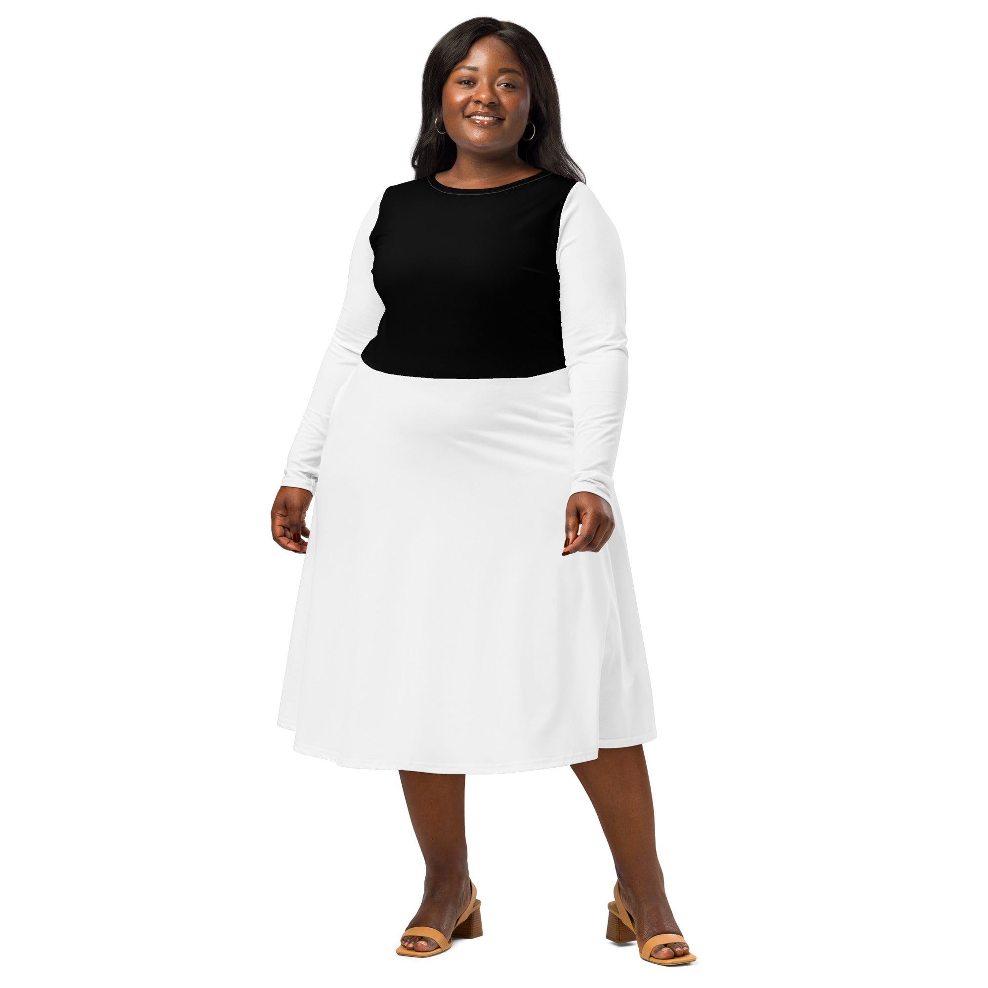 White & Black Long Sleeve Midi Dress - ClotheNest