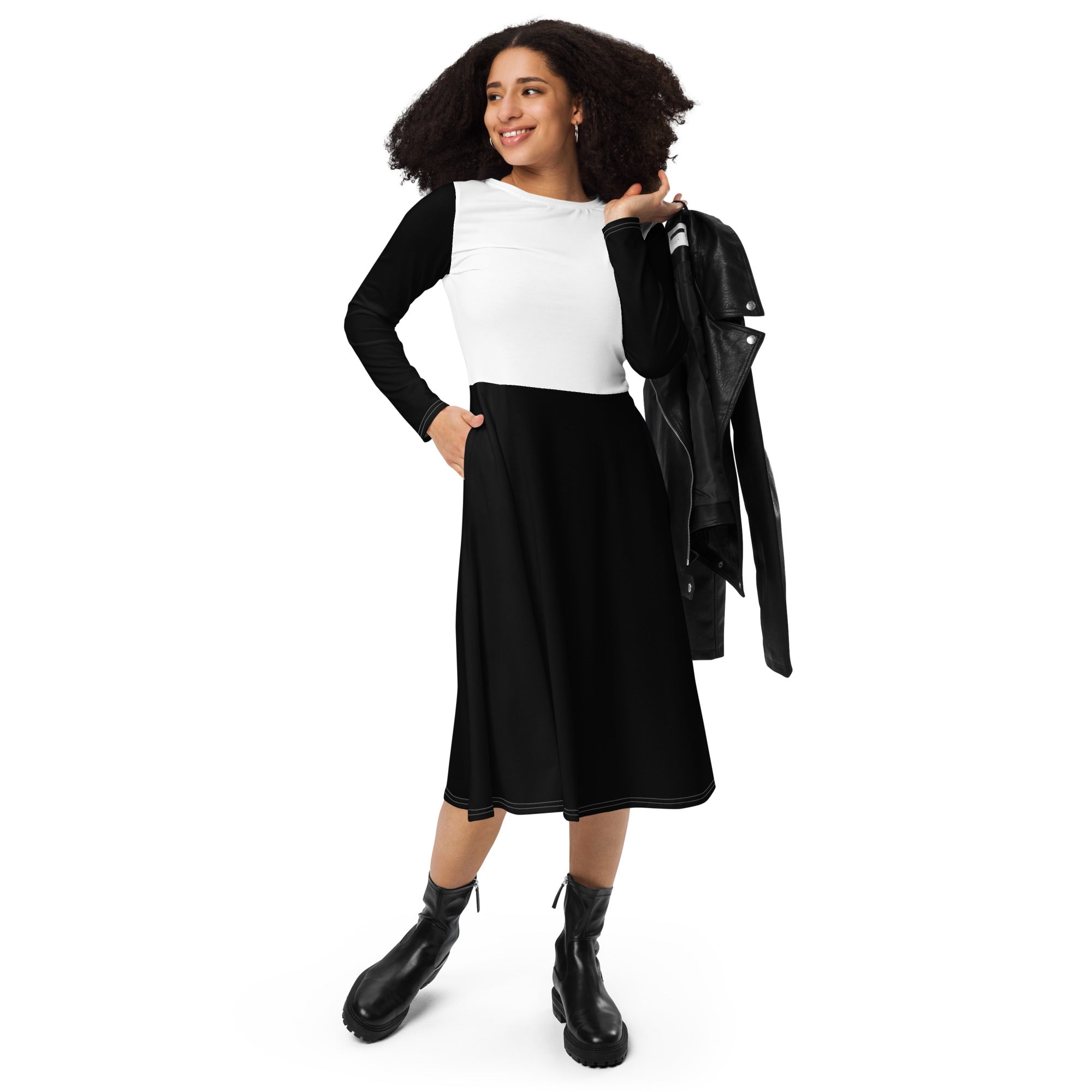 Black & White Long Sleeve Midi Dress - ClotheNest