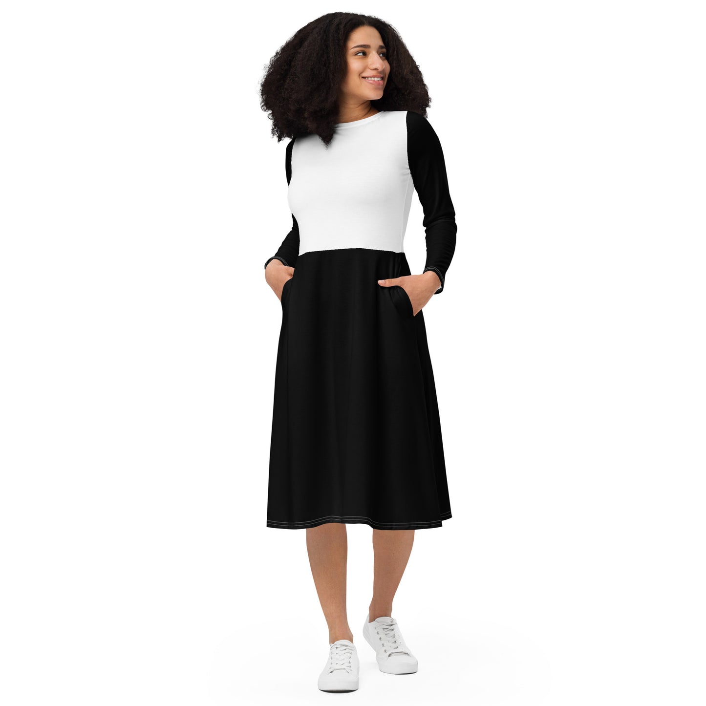 Black & White Long Sleeve Midi Dress - ClotheNest