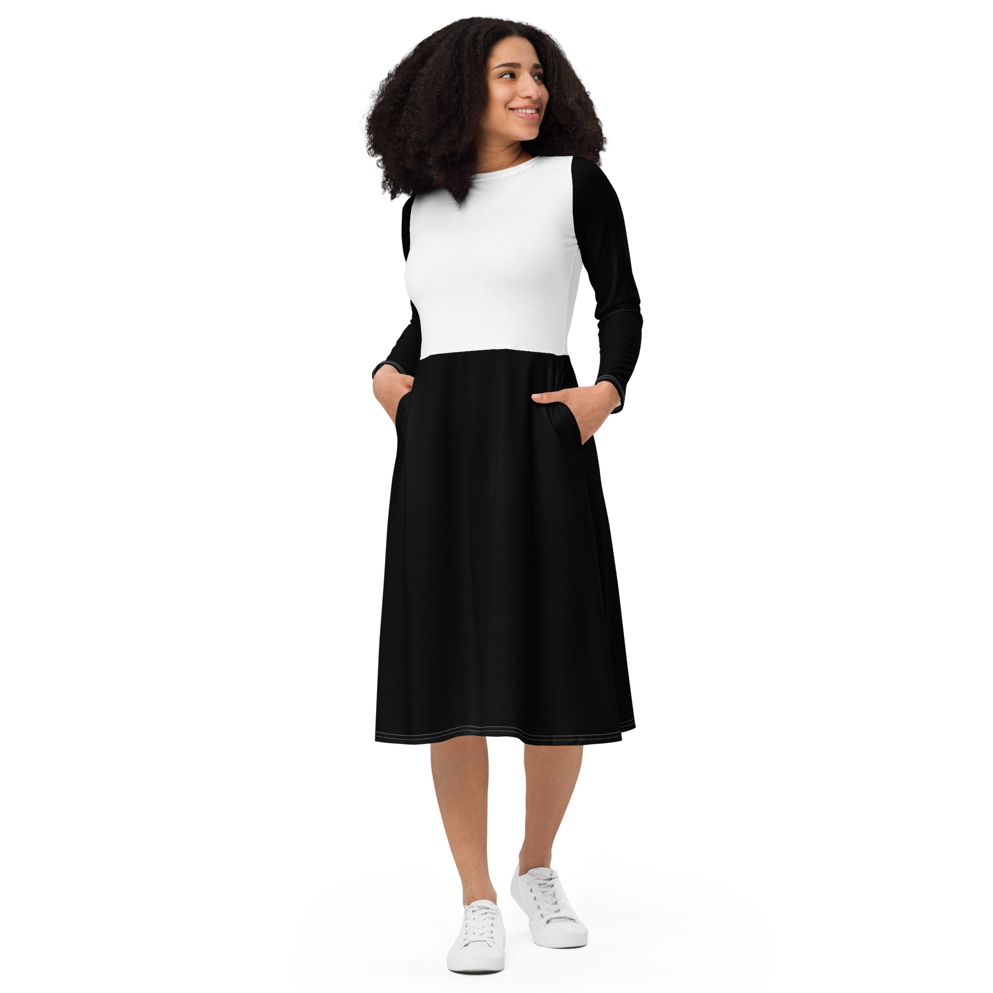 Black & White Long Sleeve Midi Dress - ClotheNest