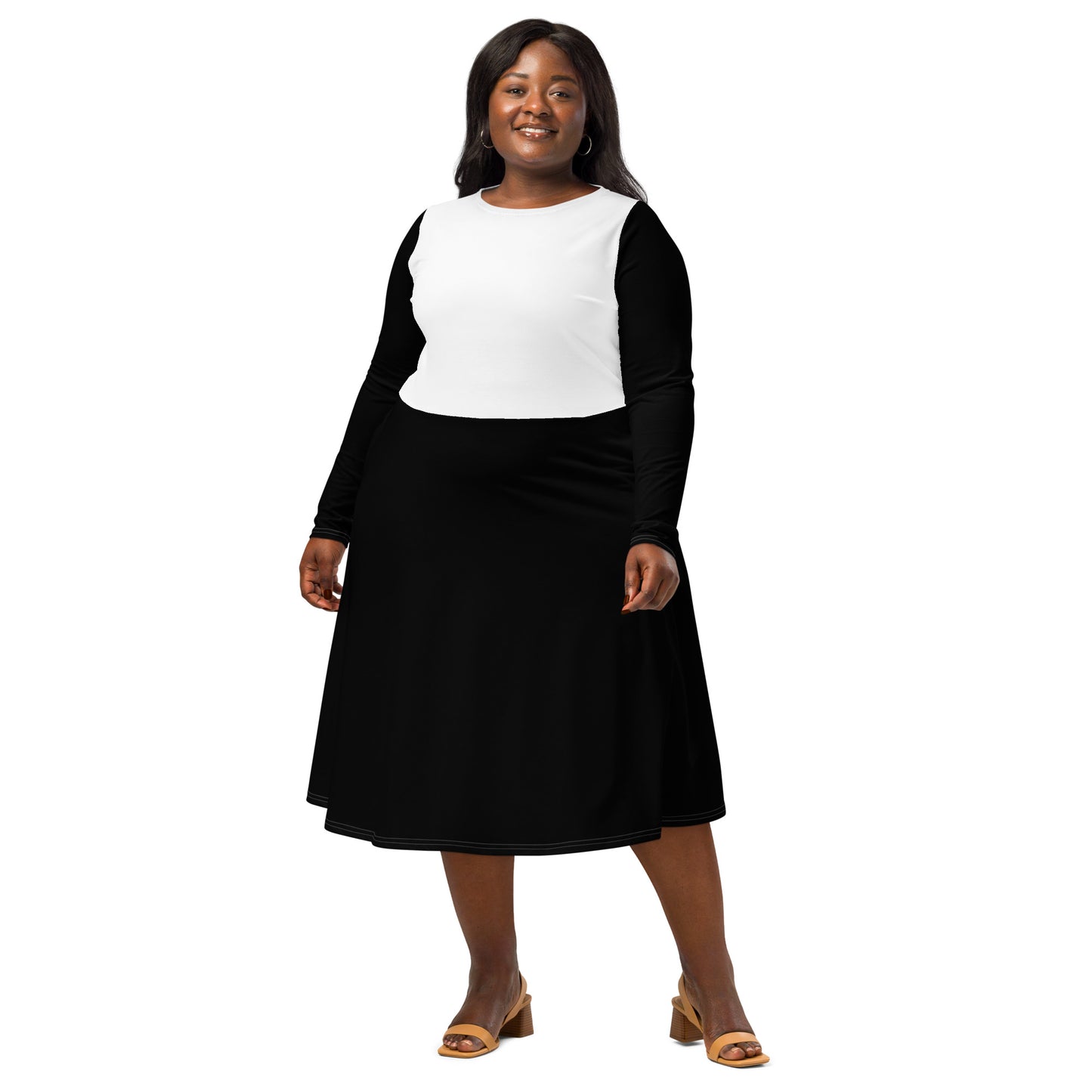 Black & White Long Sleeve Midi Dress - ClotheNest