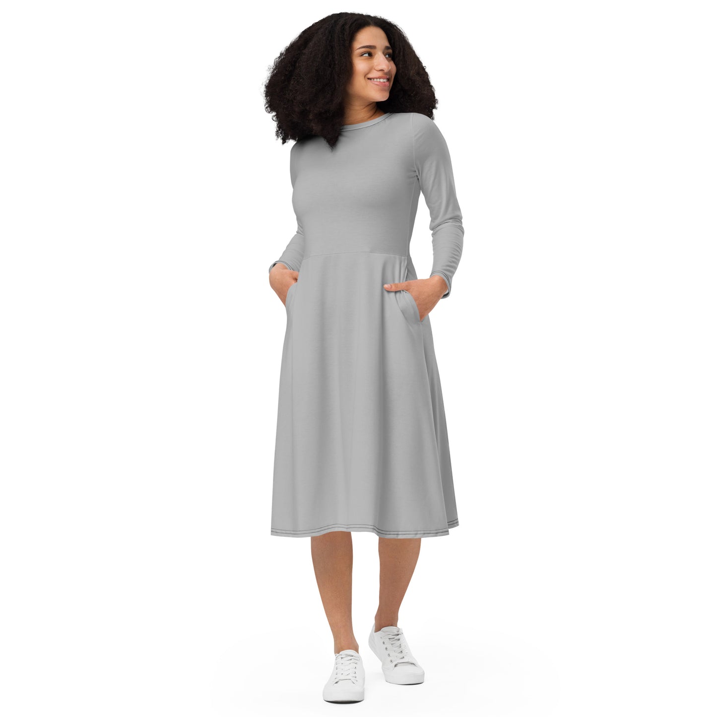 Silver Long Sleeve Midi Dress - ClotheNest