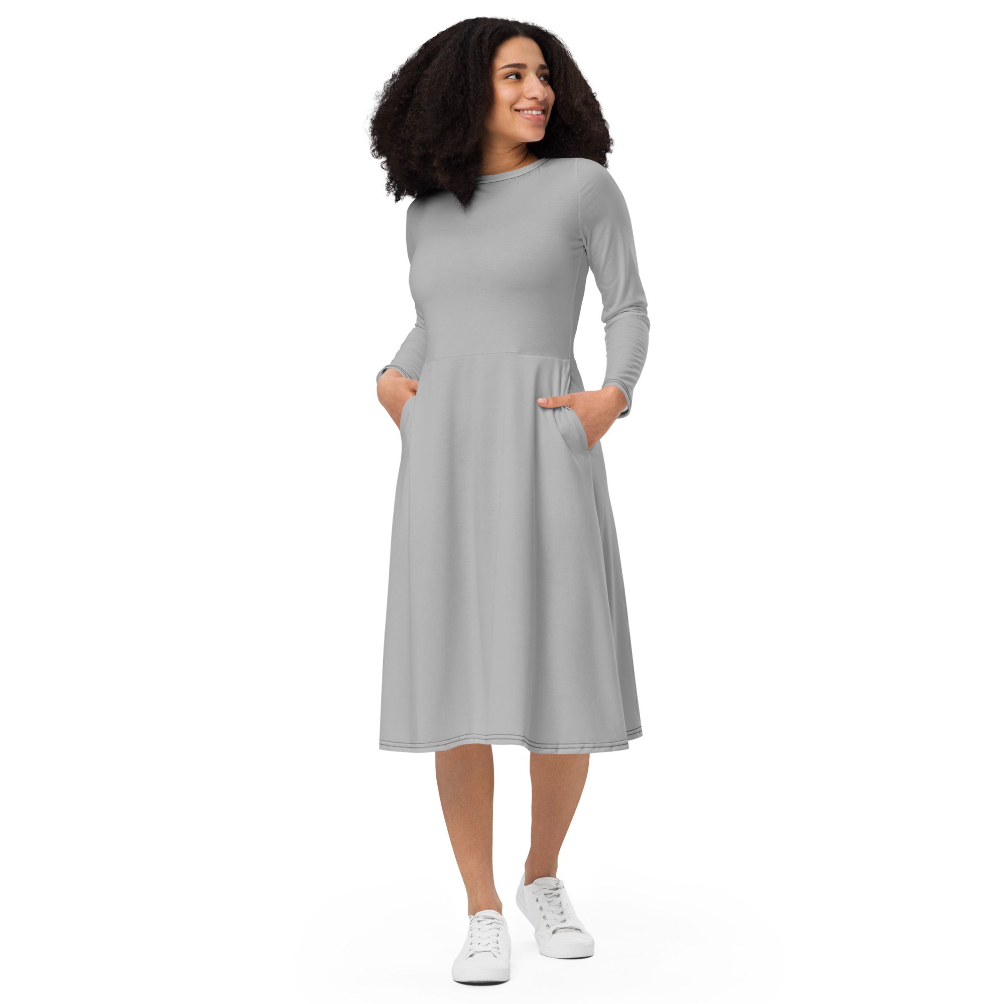 Silver Long Sleeve Midi Dress - ClotheNest