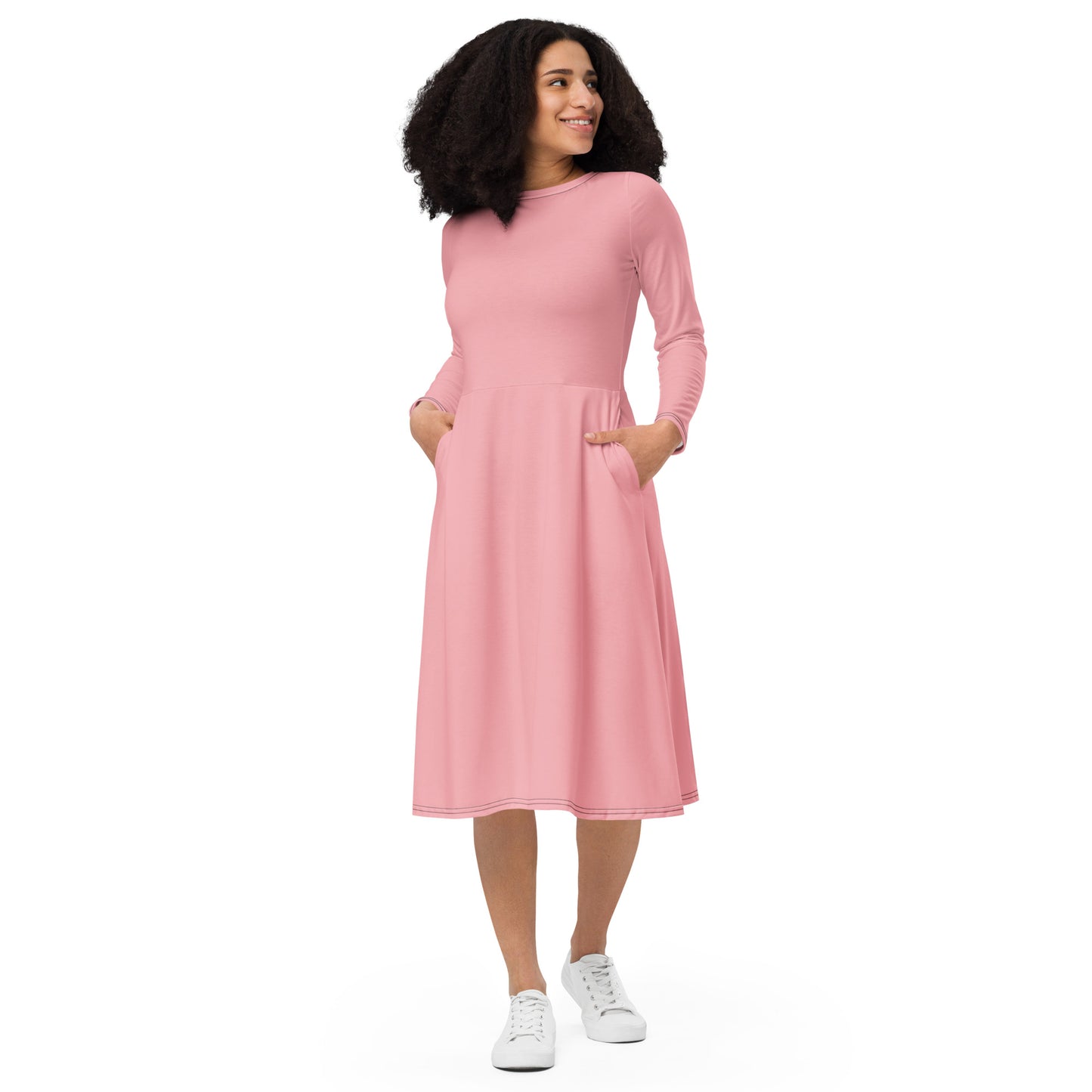 Light Pink Long Sleeve Midi Dress - ClotheNest