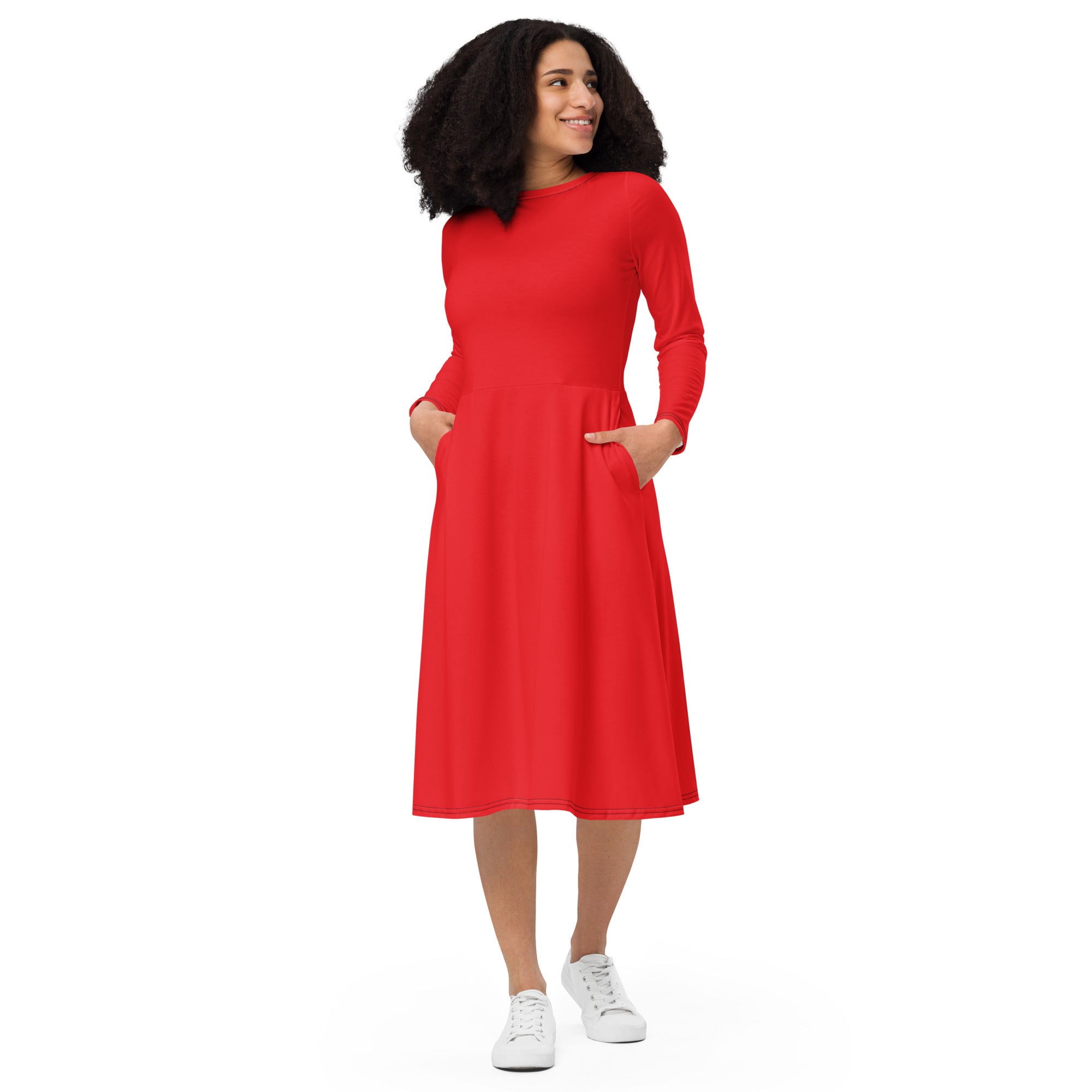 Red Long Sleeve Midi Dress - ClotheNest