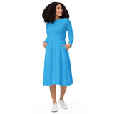 Deep Sky Blue Long Sleeve Midi Dress - ClotheNest