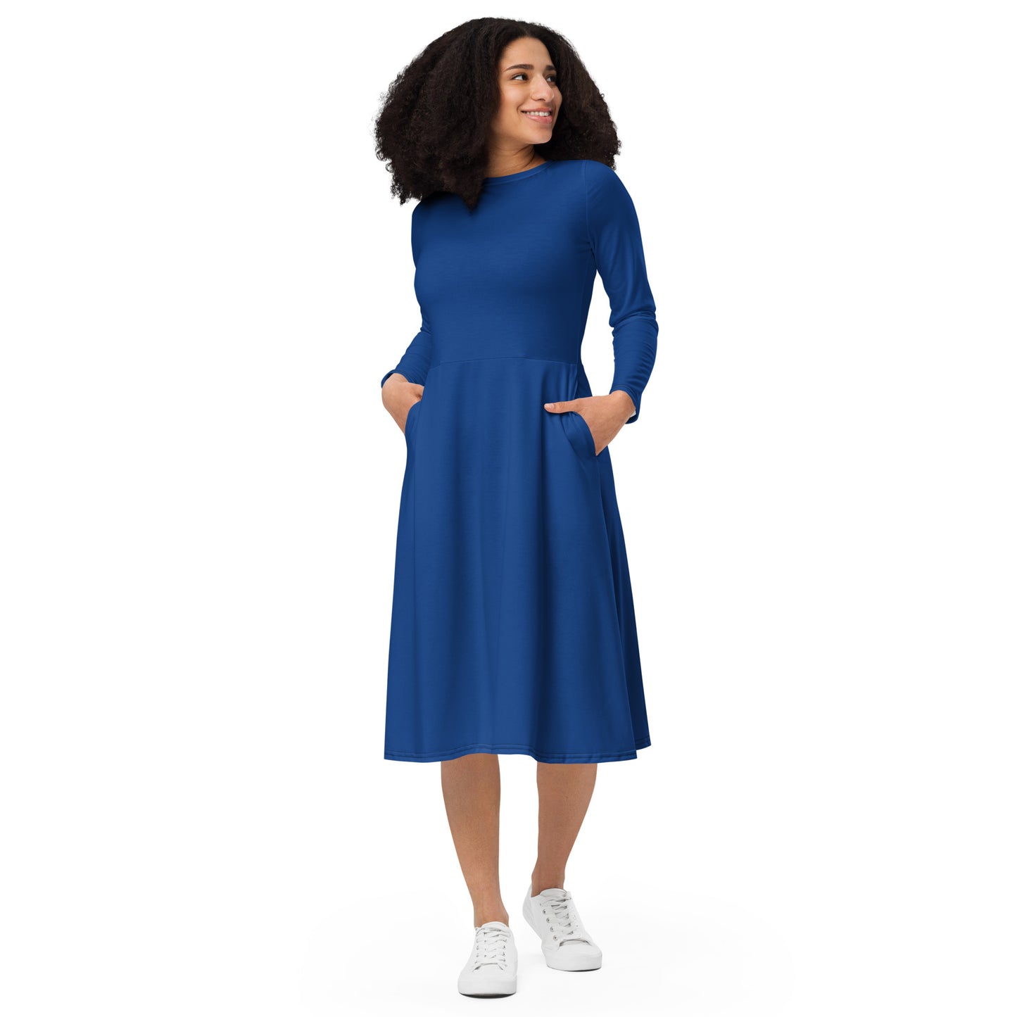 Dark Cerulean Long Sleeve Midi Dress - ClotheNest