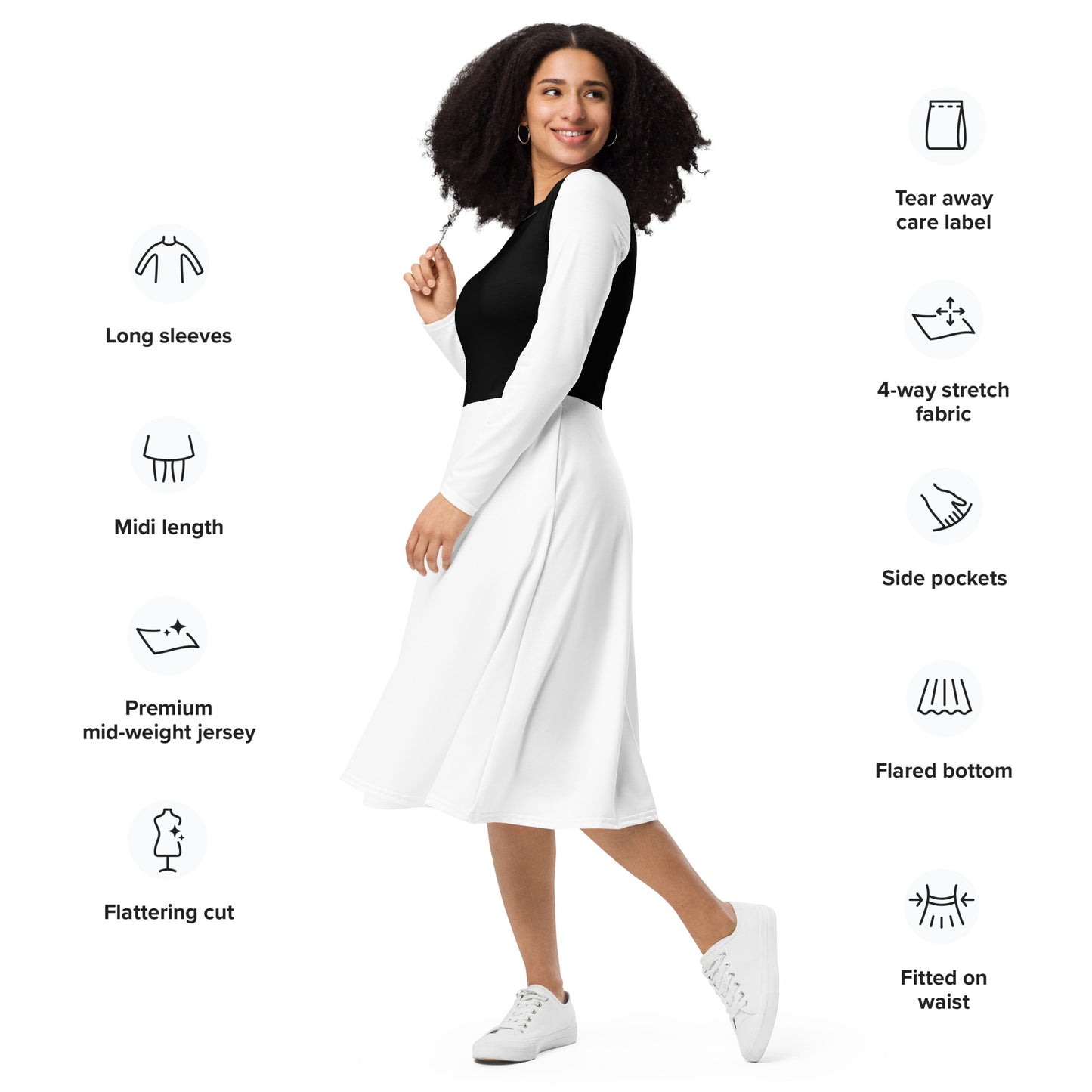White & Black Long Sleeve Midi Dress - ClotheNest