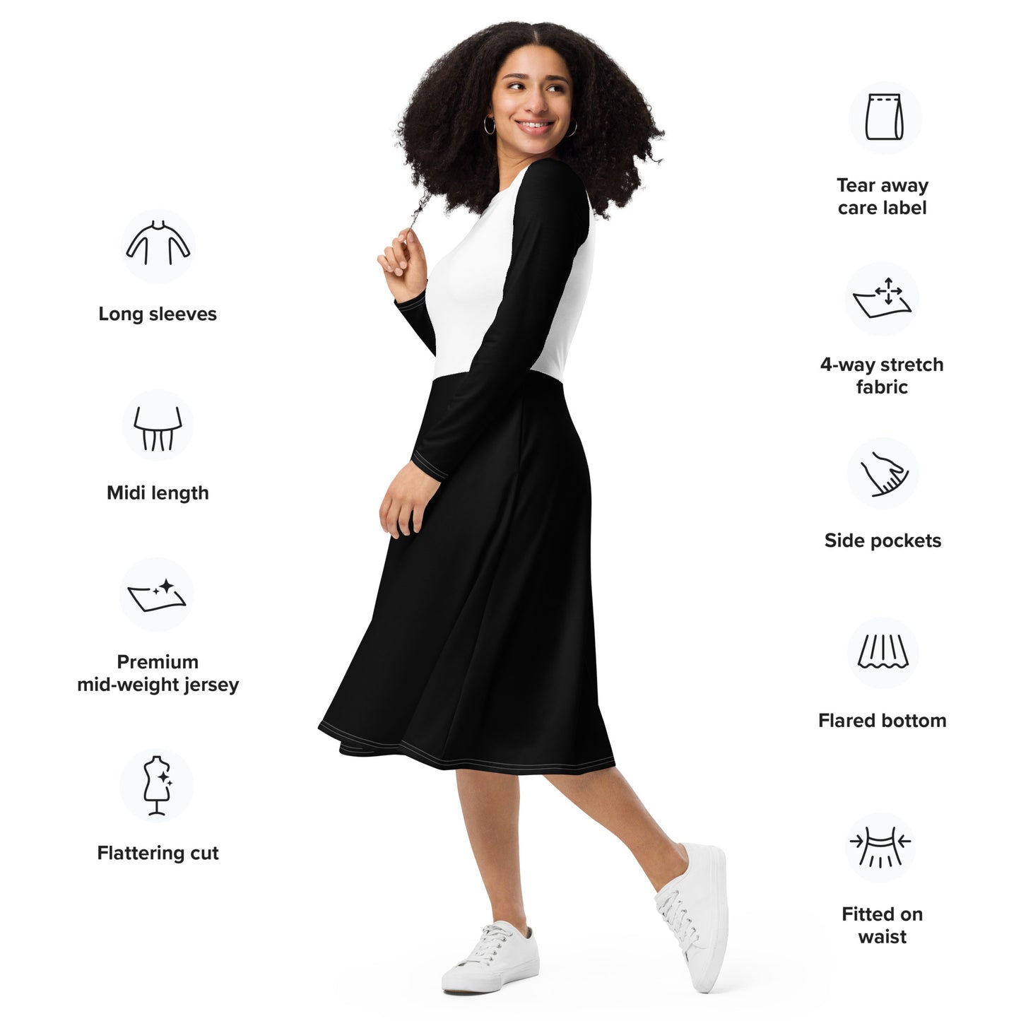 Black & White Long Sleeve Midi Dress - ClotheNest