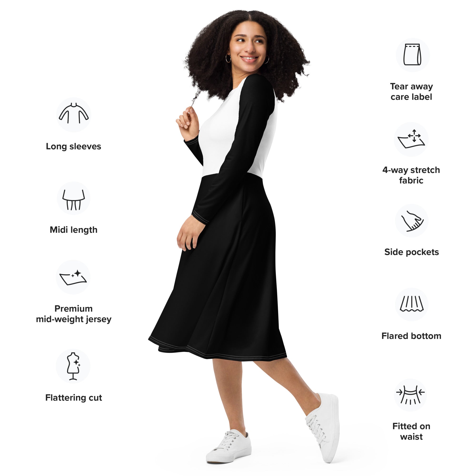 Black & White Long Sleeve Midi Dress - ClotheNest