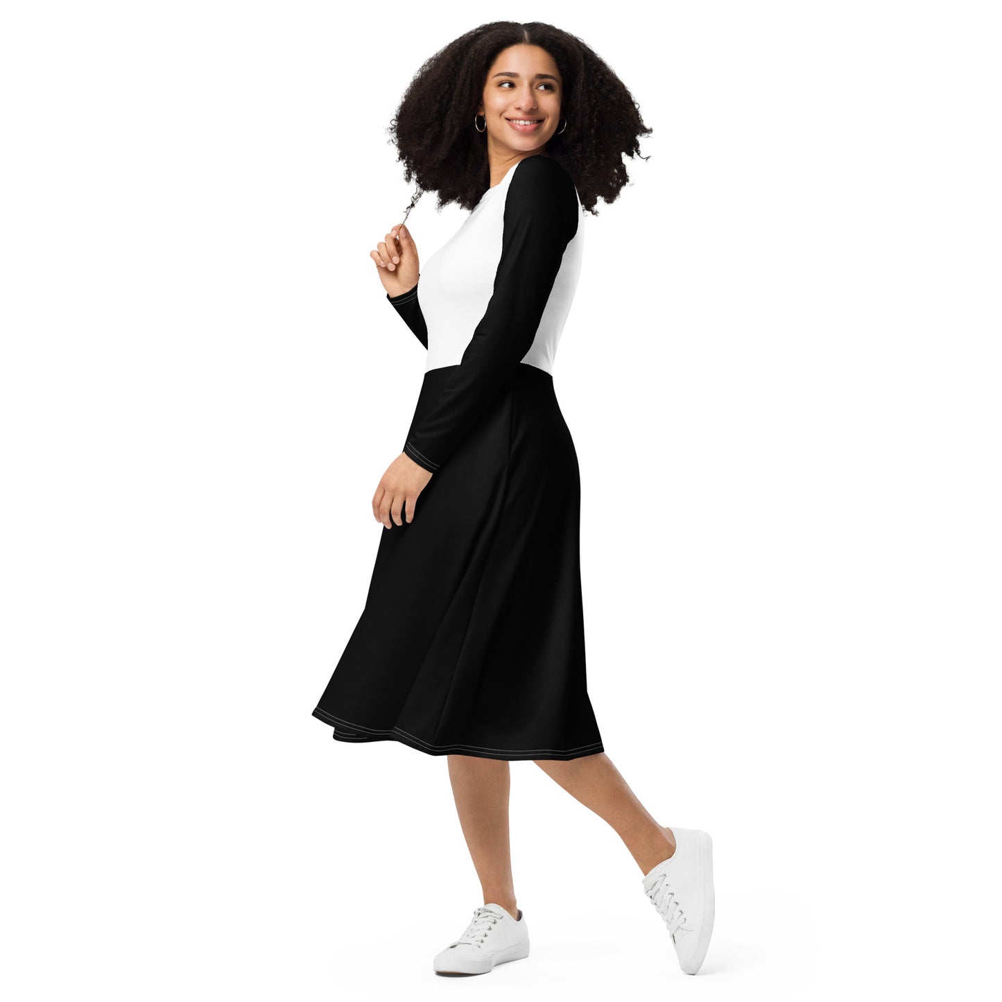 Black & White Long Sleeve Midi Dress - ClotheNest