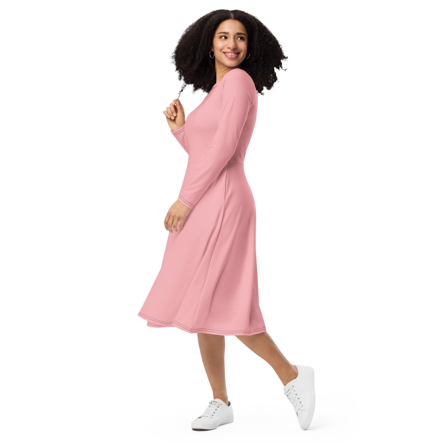 Light Pink Long Sleeve Midi Dress - ClotheNest