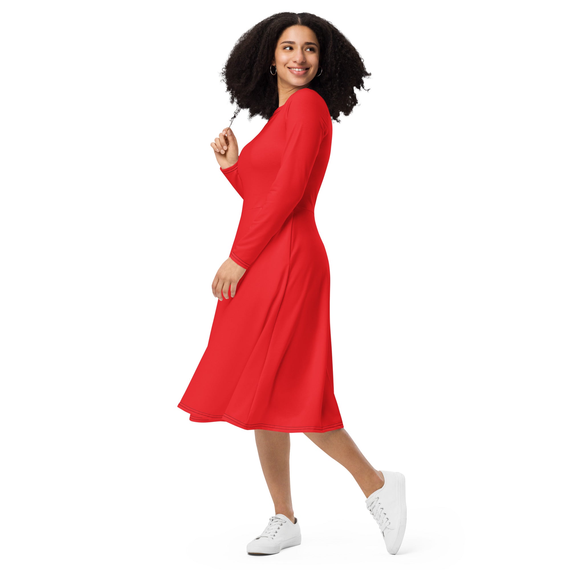 Red Long Sleeve Midi Dress - ClotheNest