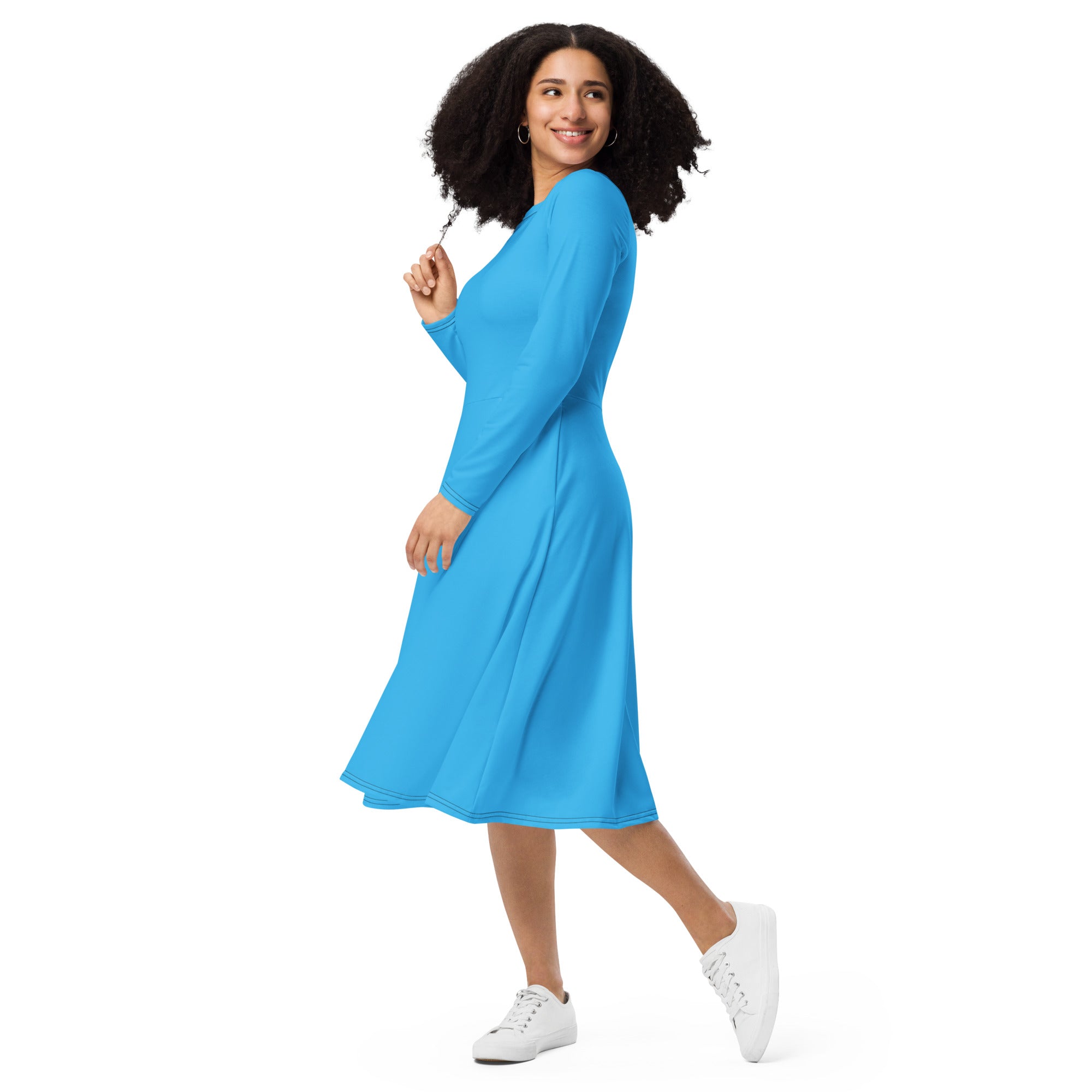 Deep Sky Blue Long Sleeve Midi Dress - ClotheNest