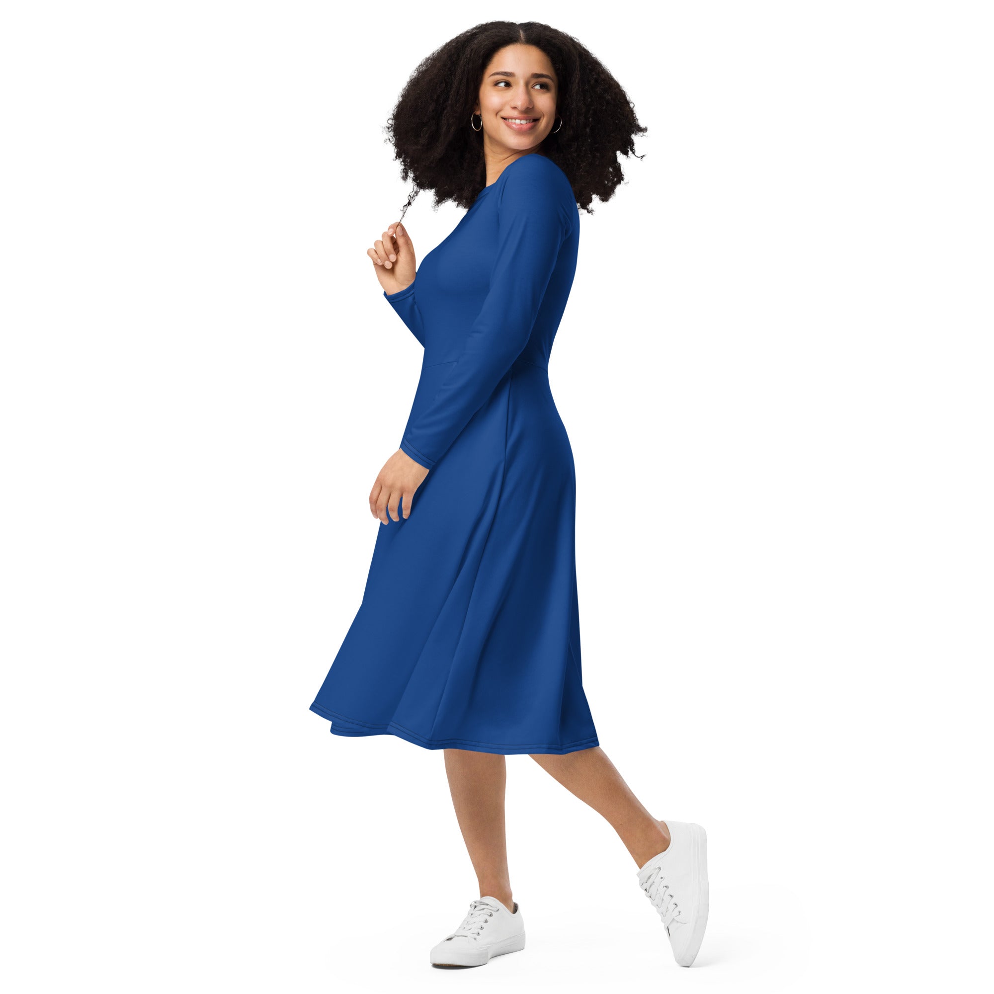 Dark Cerulean Long Sleeve Midi Dress - ClotheNest