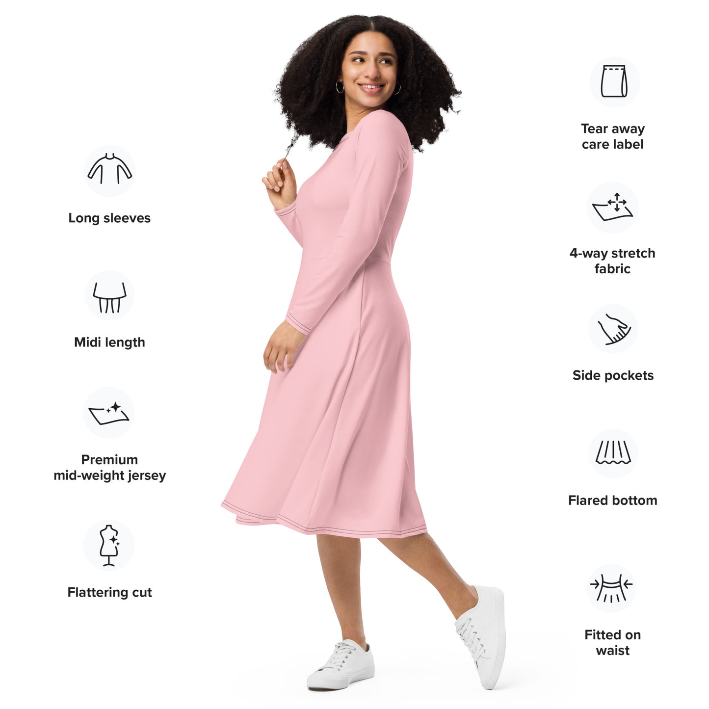 Pink Long Sleeve Midi Dress - ClotheNest