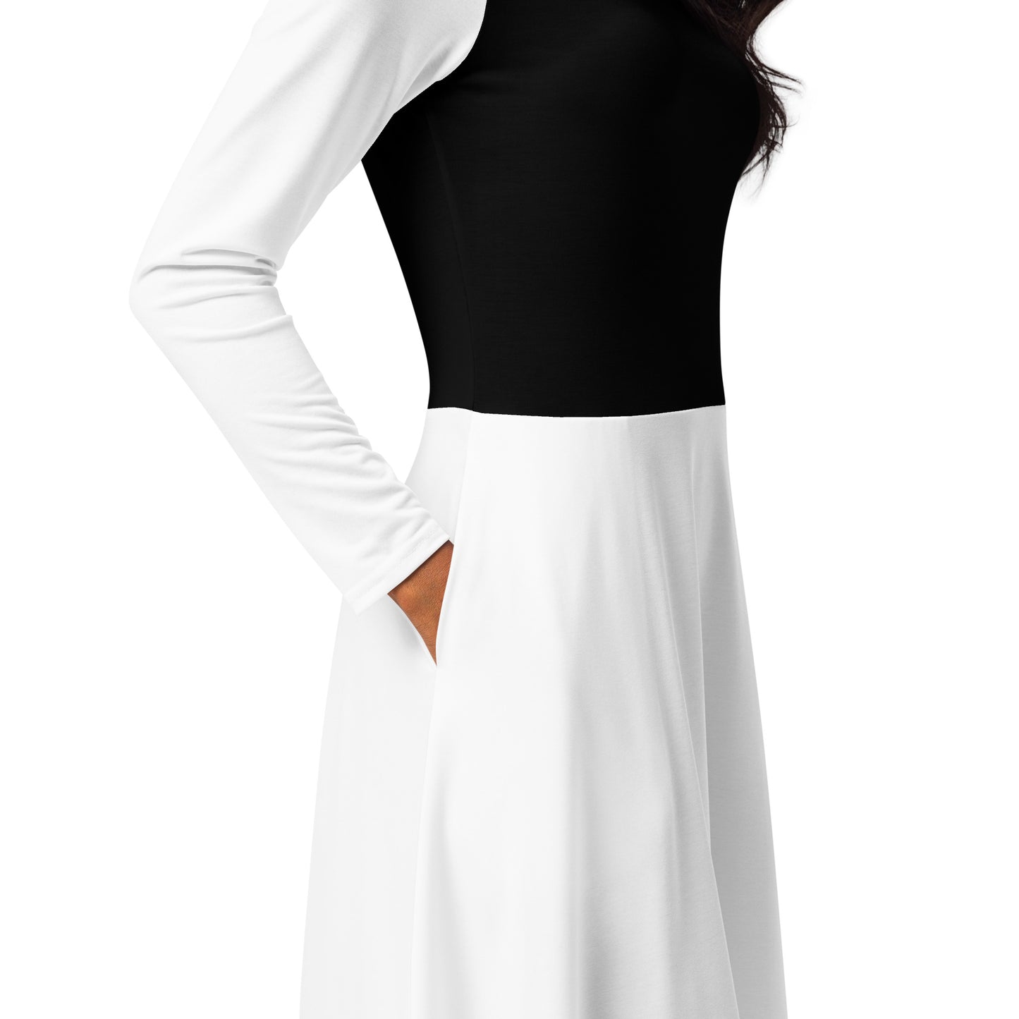 White & Black Long Sleeve Midi Dress - ClotheNest