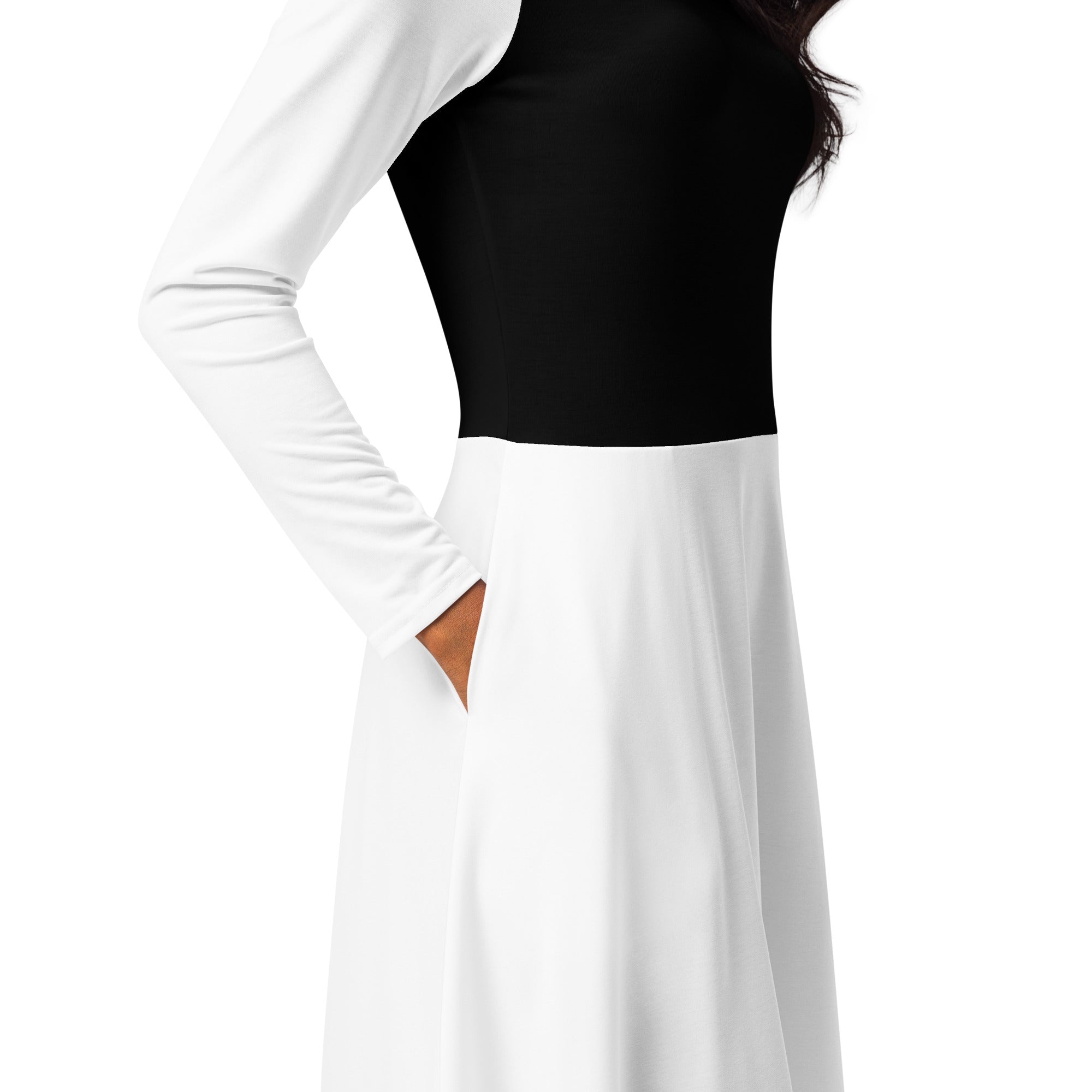 White & Black Long Sleeve Midi Dress - ClotheNest