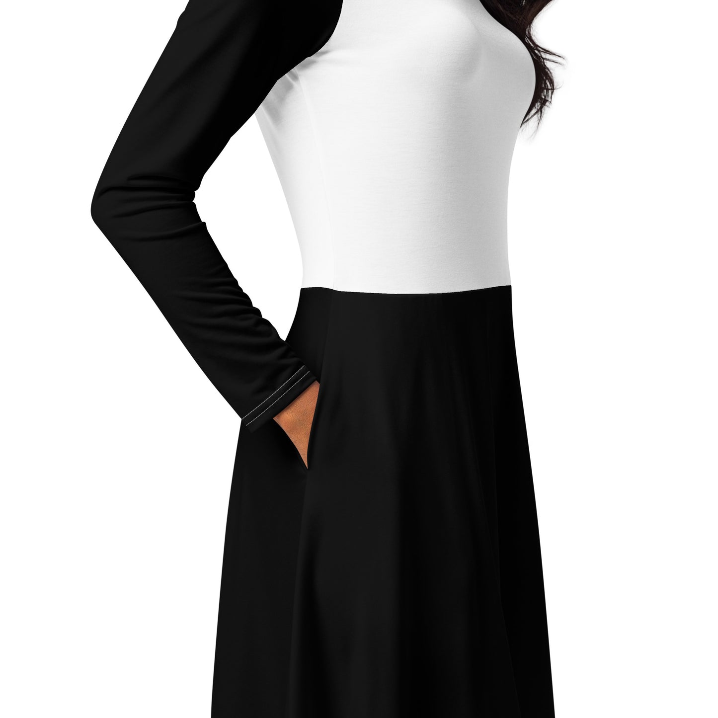 Black & White Long Sleeve Midi Dress - ClotheNest