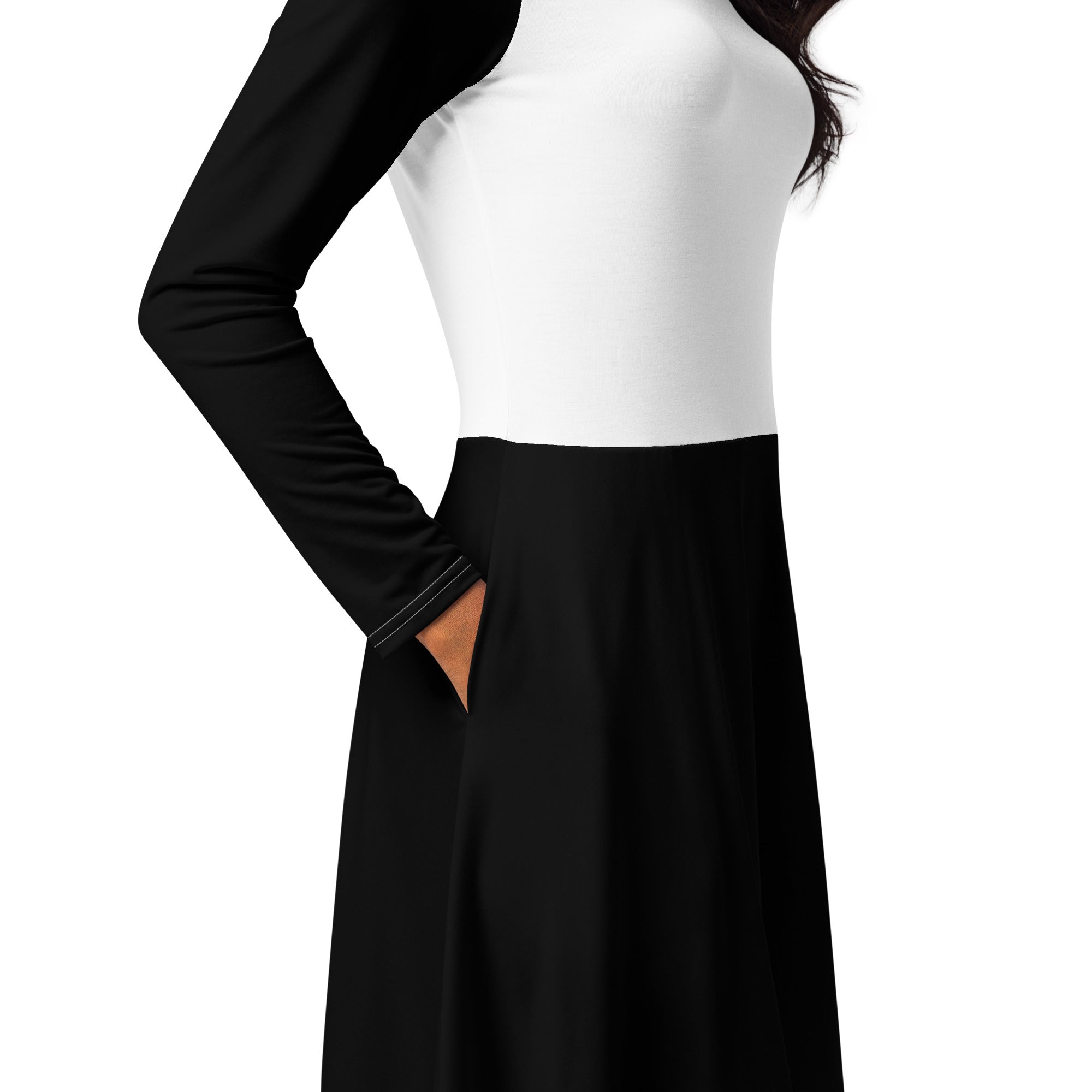 Black & White Long Sleeve Midi Dress - ClotheNest