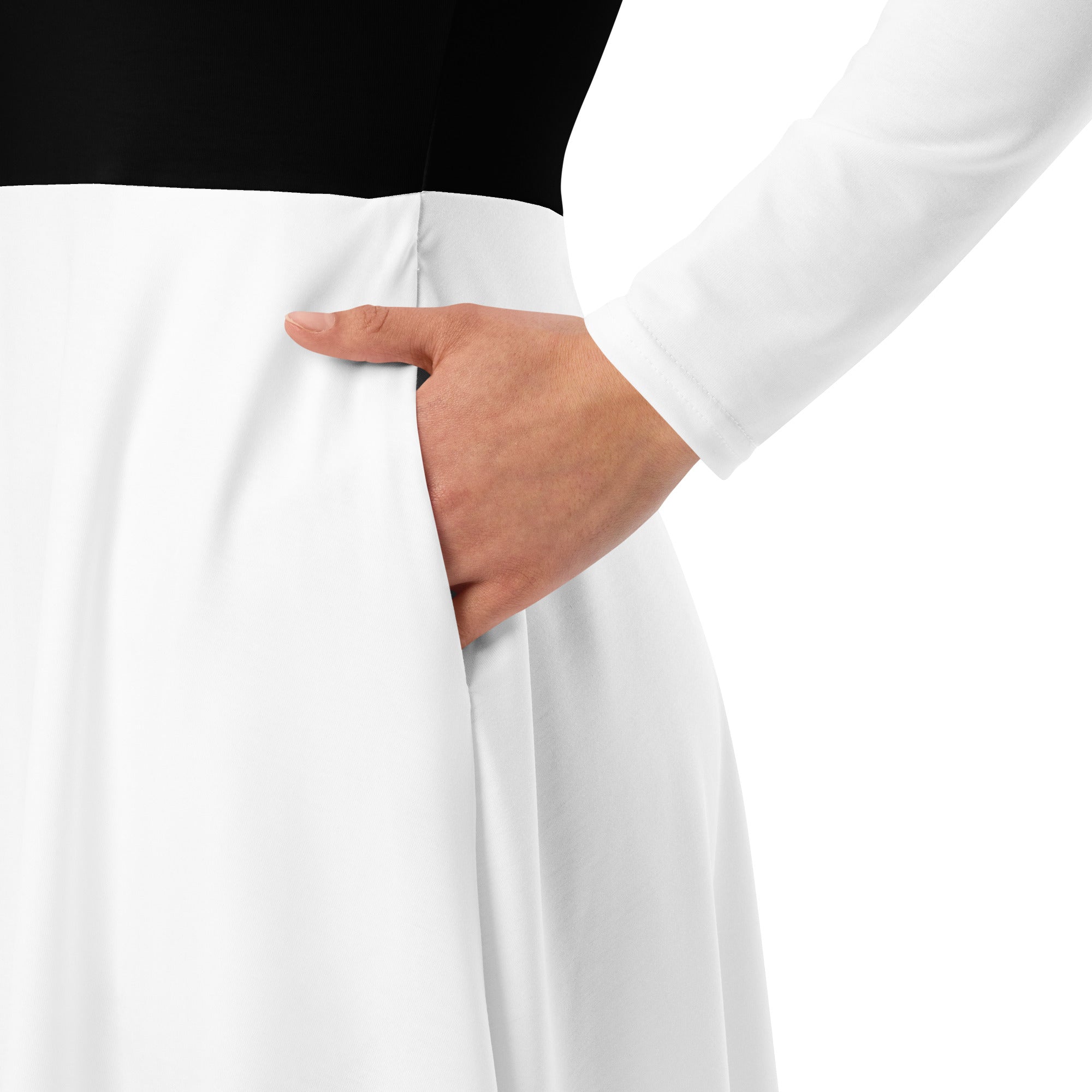 White & Black Long Sleeve Midi Dress - ClotheNest