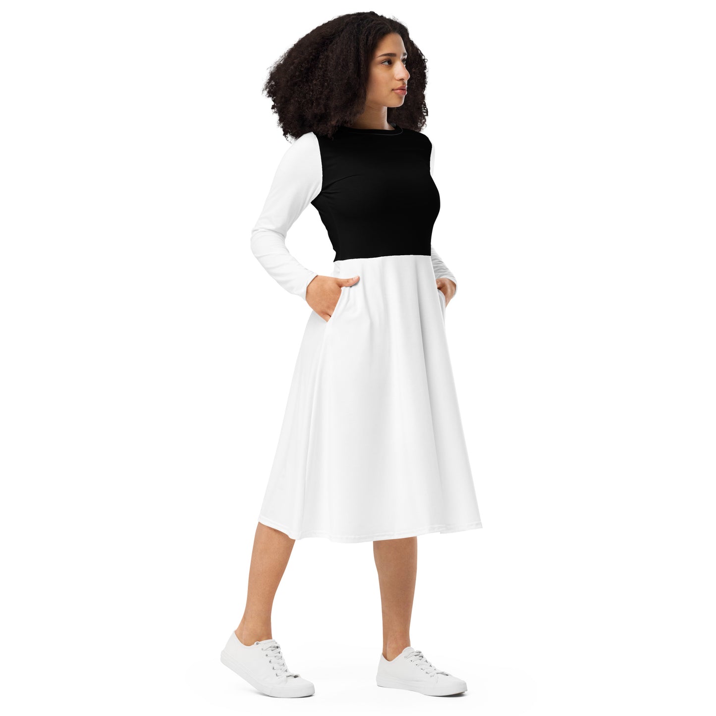 White & Black Long Sleeve Midi Dress - ClotheNest
