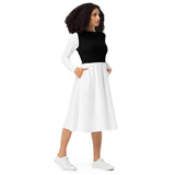 White & Black Long Sleeve Midi Dress - ClotheNest