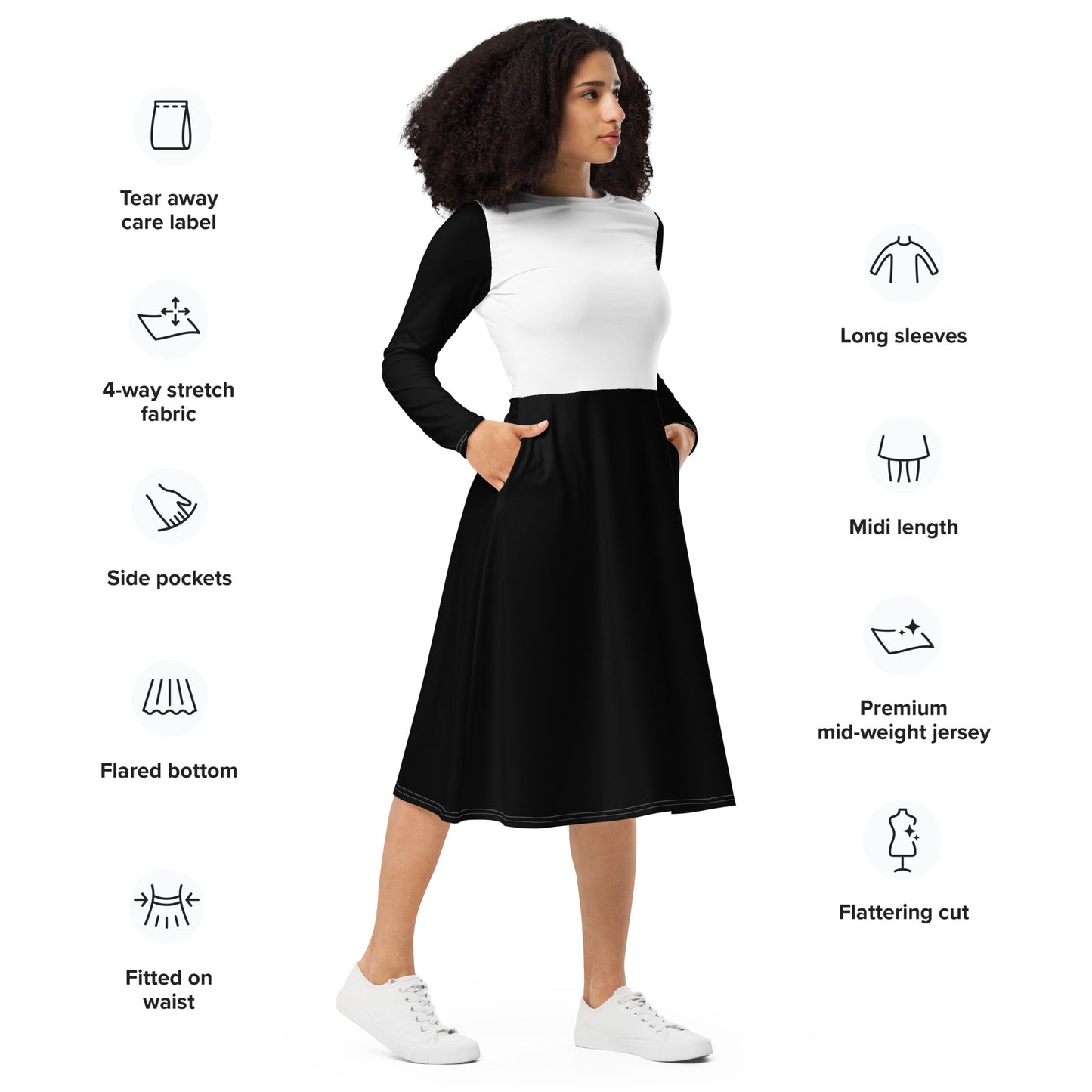 Black & White Long Sleeve Midi Dress - ClotheNest