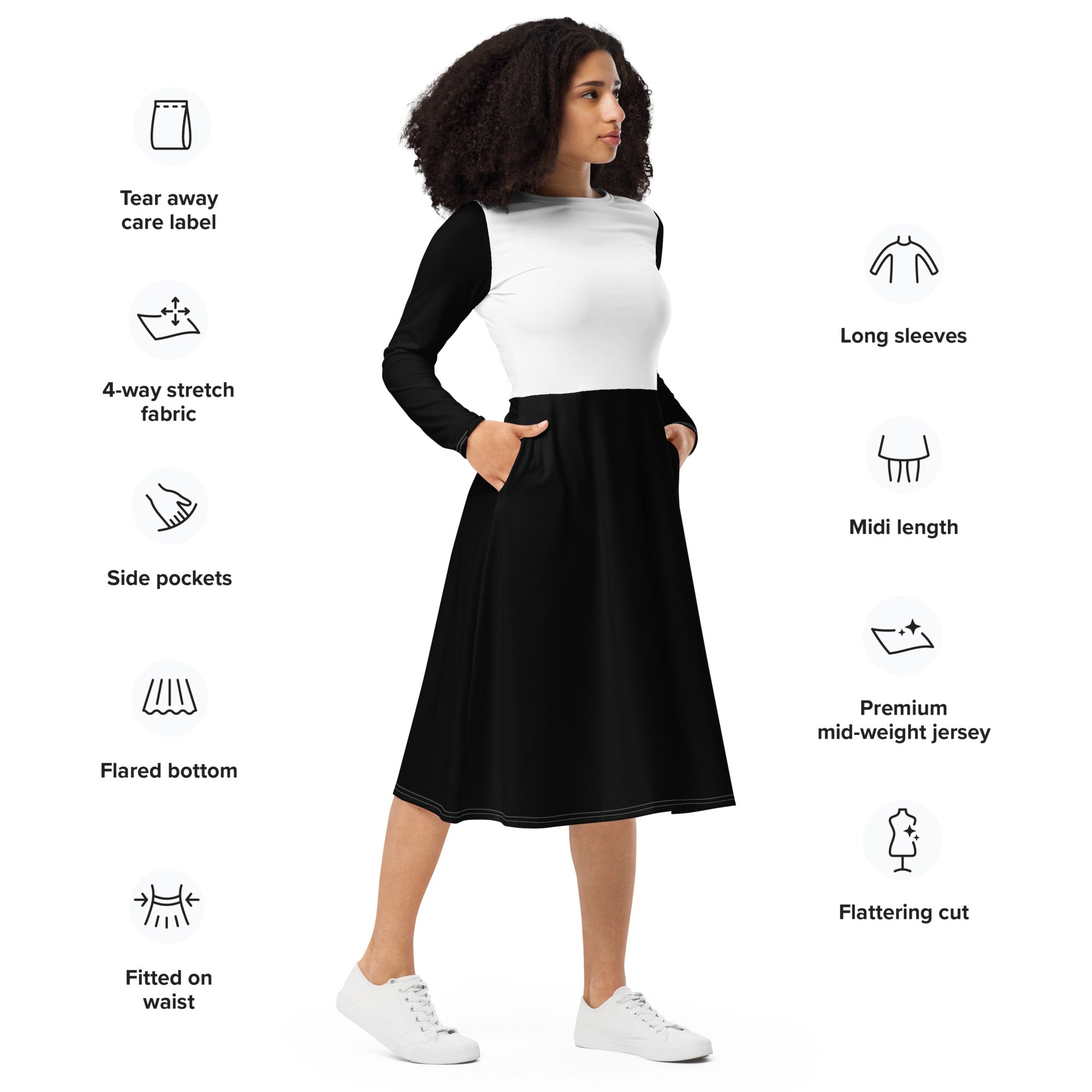 Black & White Long Sleeve Midi Dress - ClotheNest