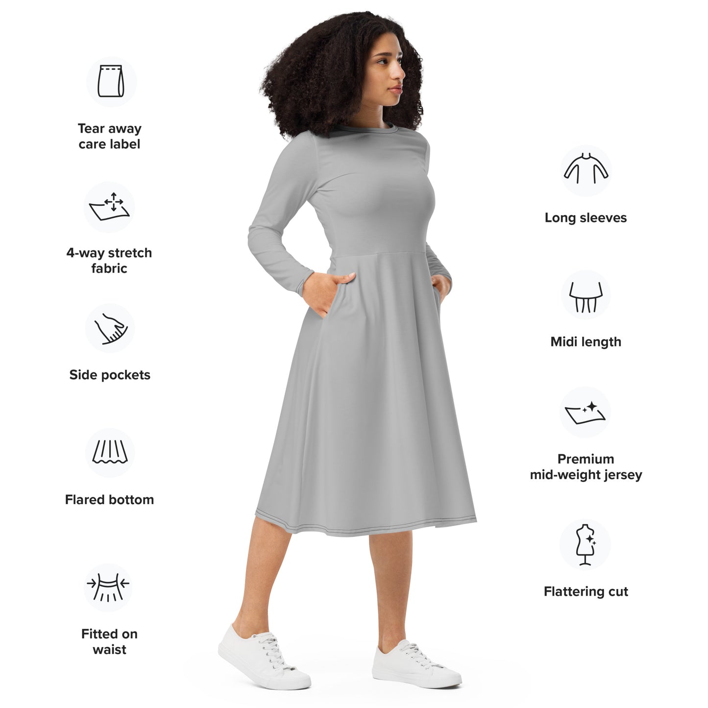 Silver Long Sleeve Midi Dress - ClotheNest