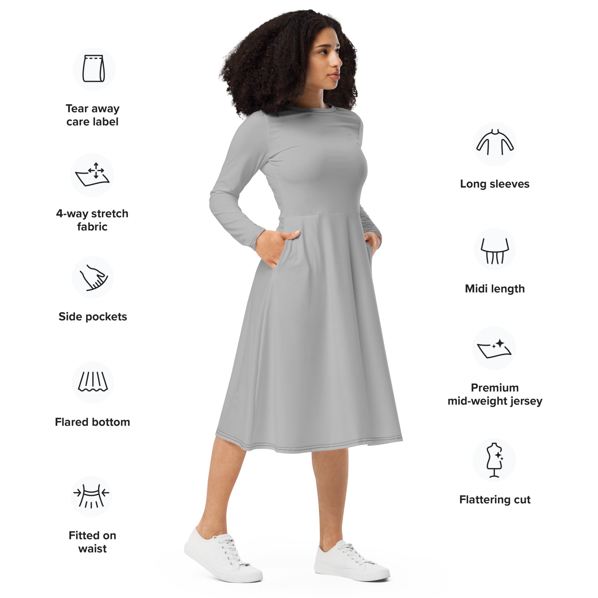 Silver Long Sleeve Midi Dress - ClotheNest