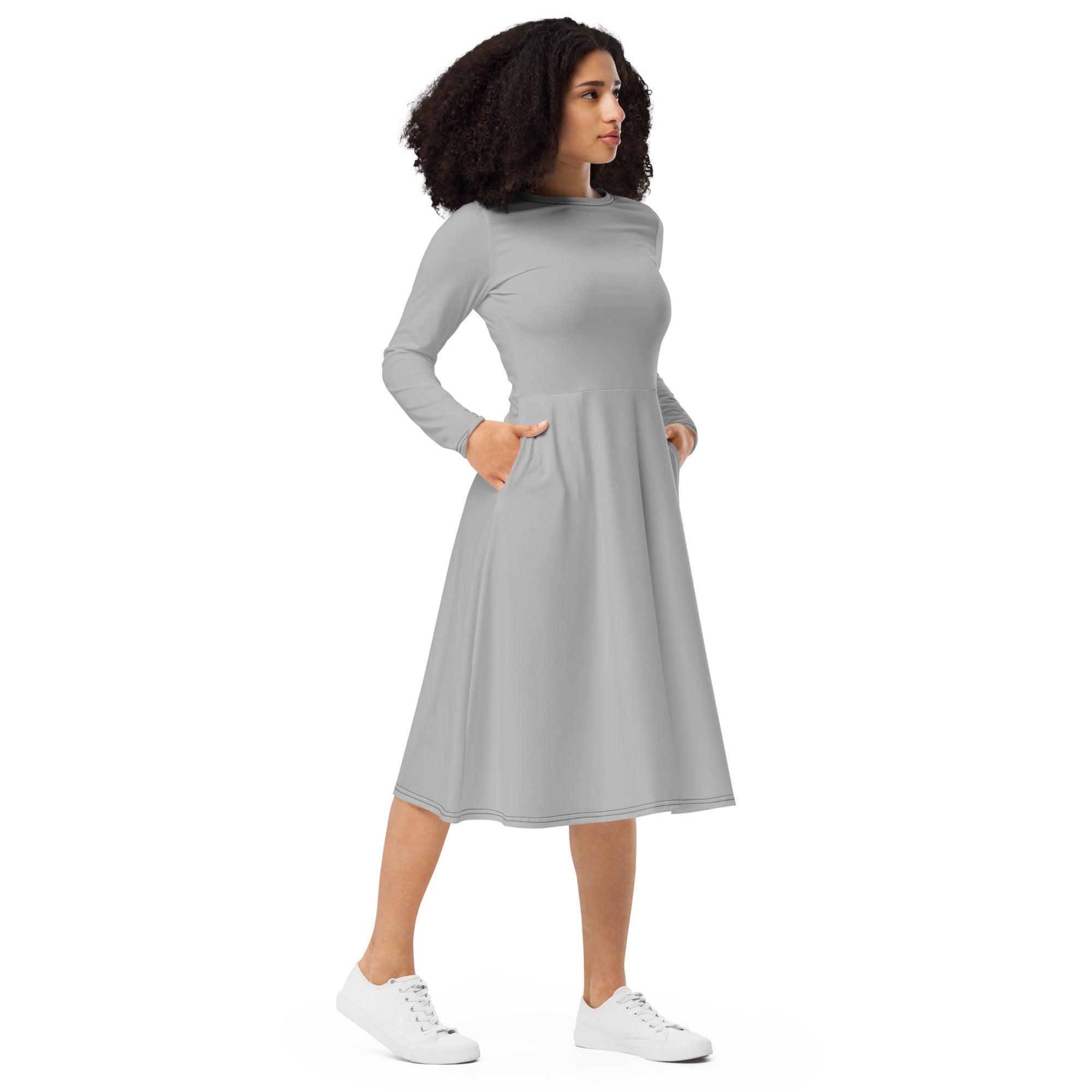 Silver Long Sleeve Midi Dress - ClotheNest