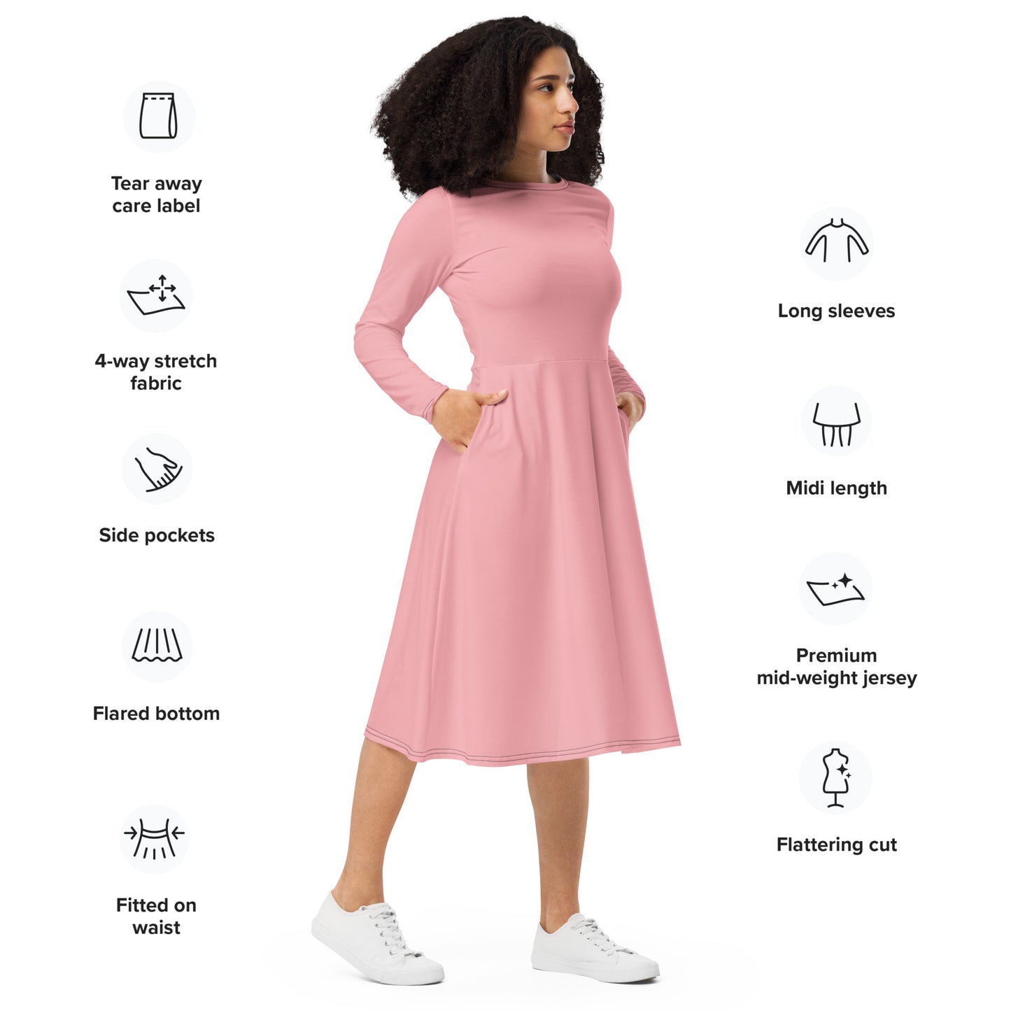Light Pink Long Sleeve Midi Dress - ClotheNest