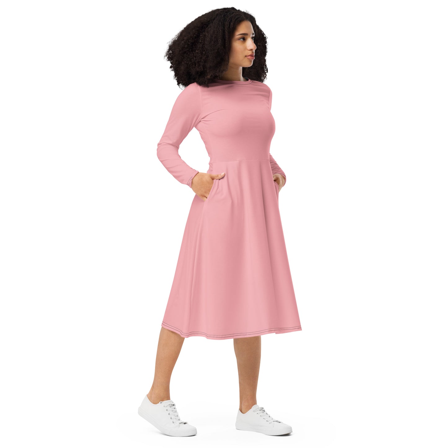 Light Pink Long Sleeve Midi Dress - ClotheNest