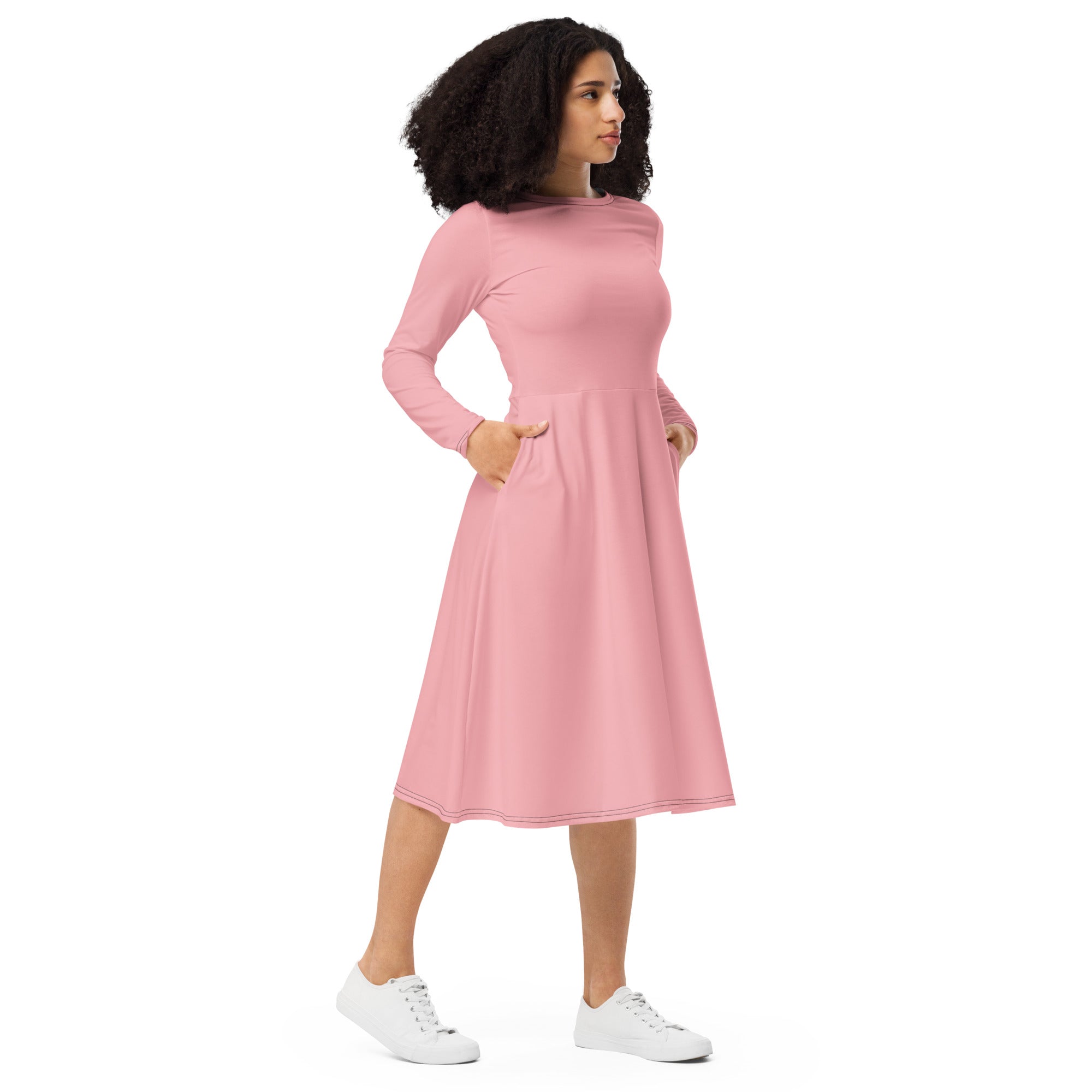 Light Pink Long Sleeve Midi Dress - ClotheNest