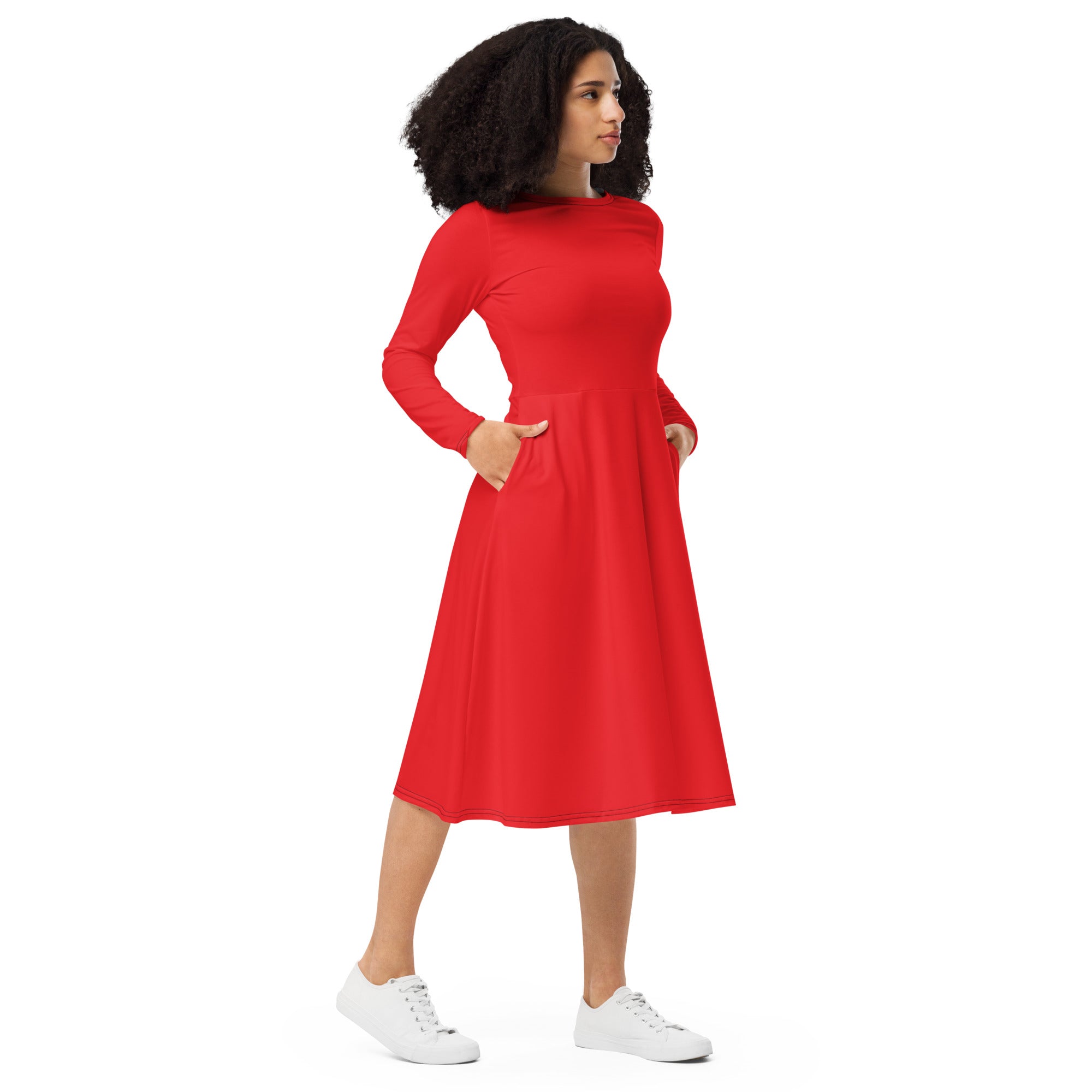 Red Long Sleeve Midi Dress - ClotheNest