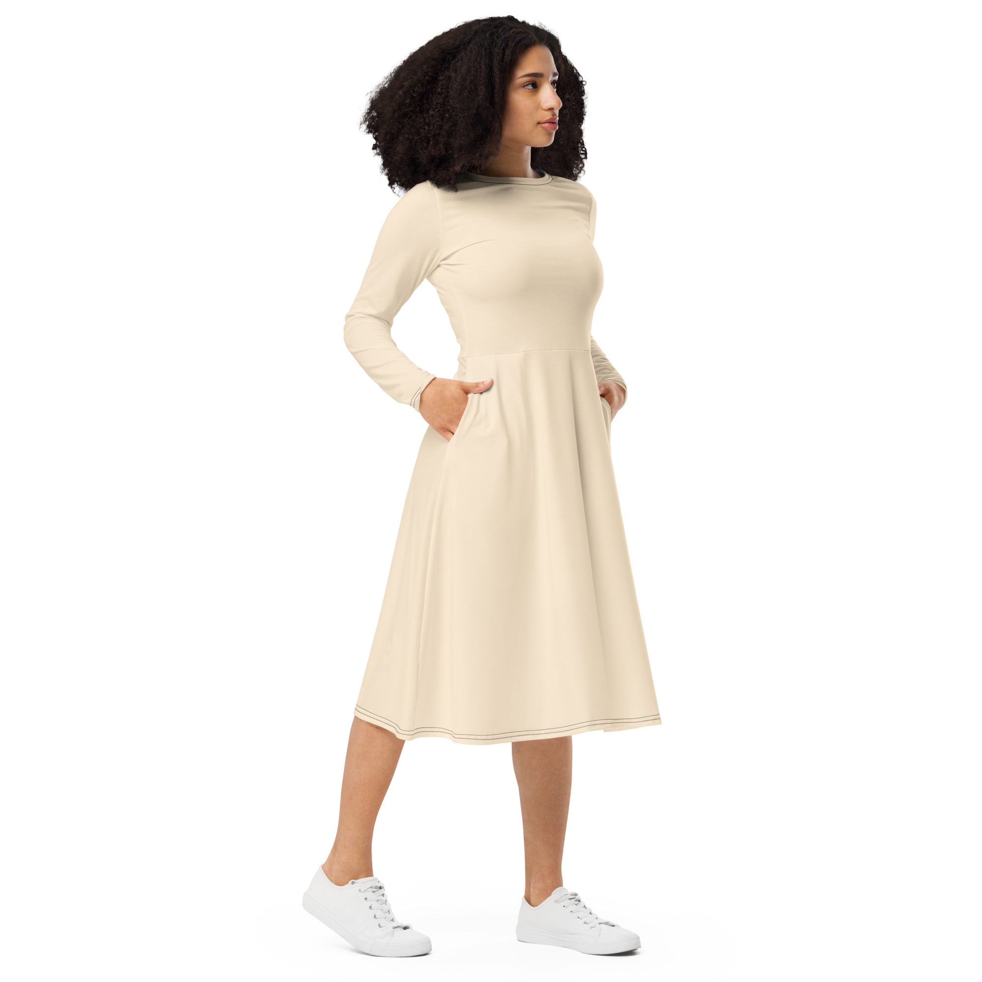 Papaya Whip Long Sleeve Midi Dress - ClotheNest