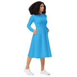 Deep Sky Blue Long Sleeve Midi Dress - ClotheNest