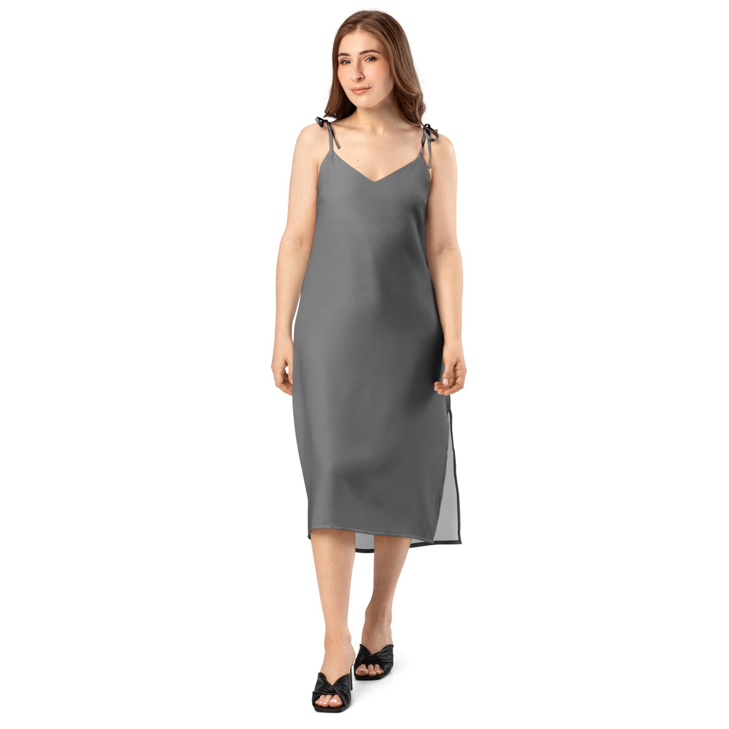 Grey Tie - Strap Midi Dress - ClotheNest