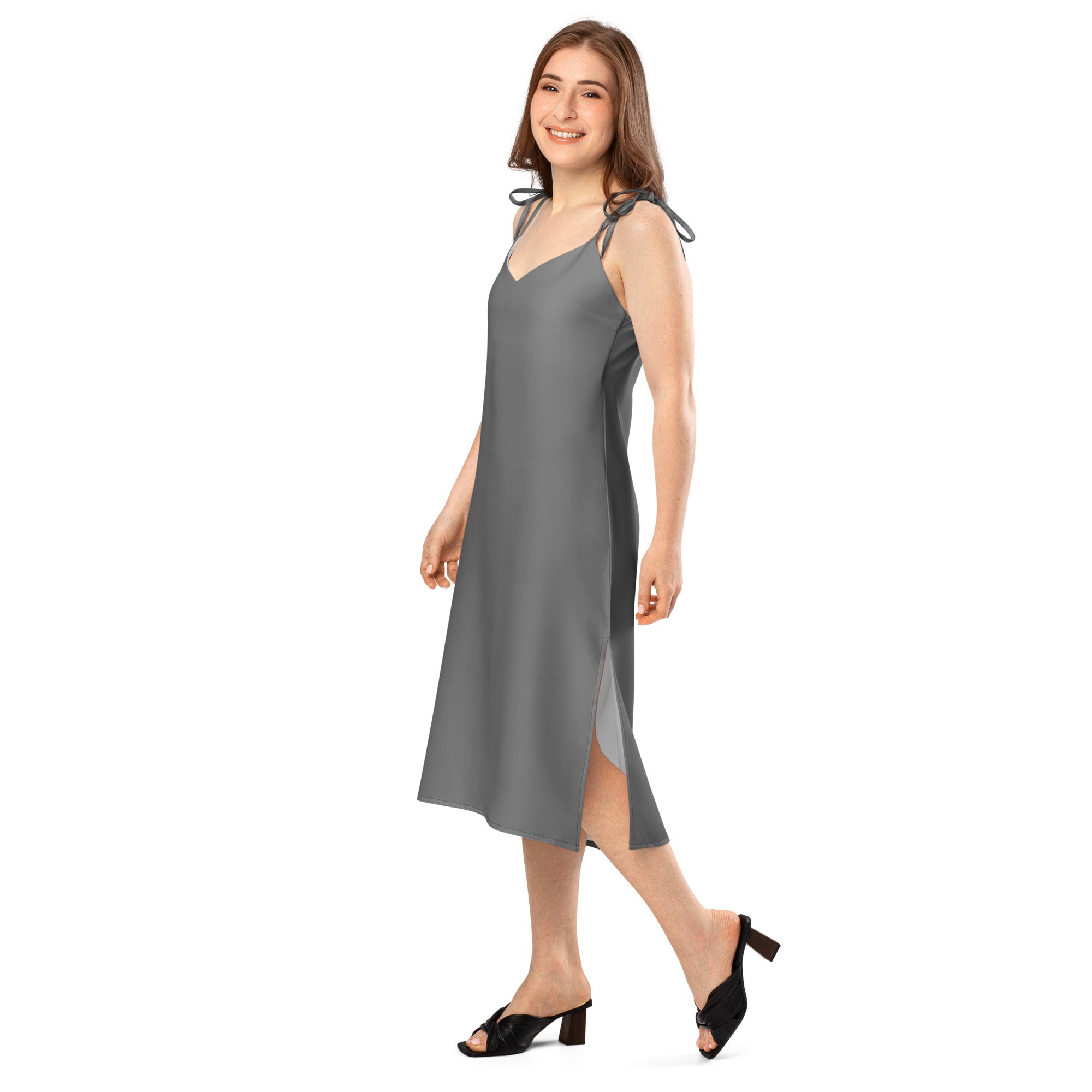 Grey Tie - Strap Midi Dress - ClotheNest