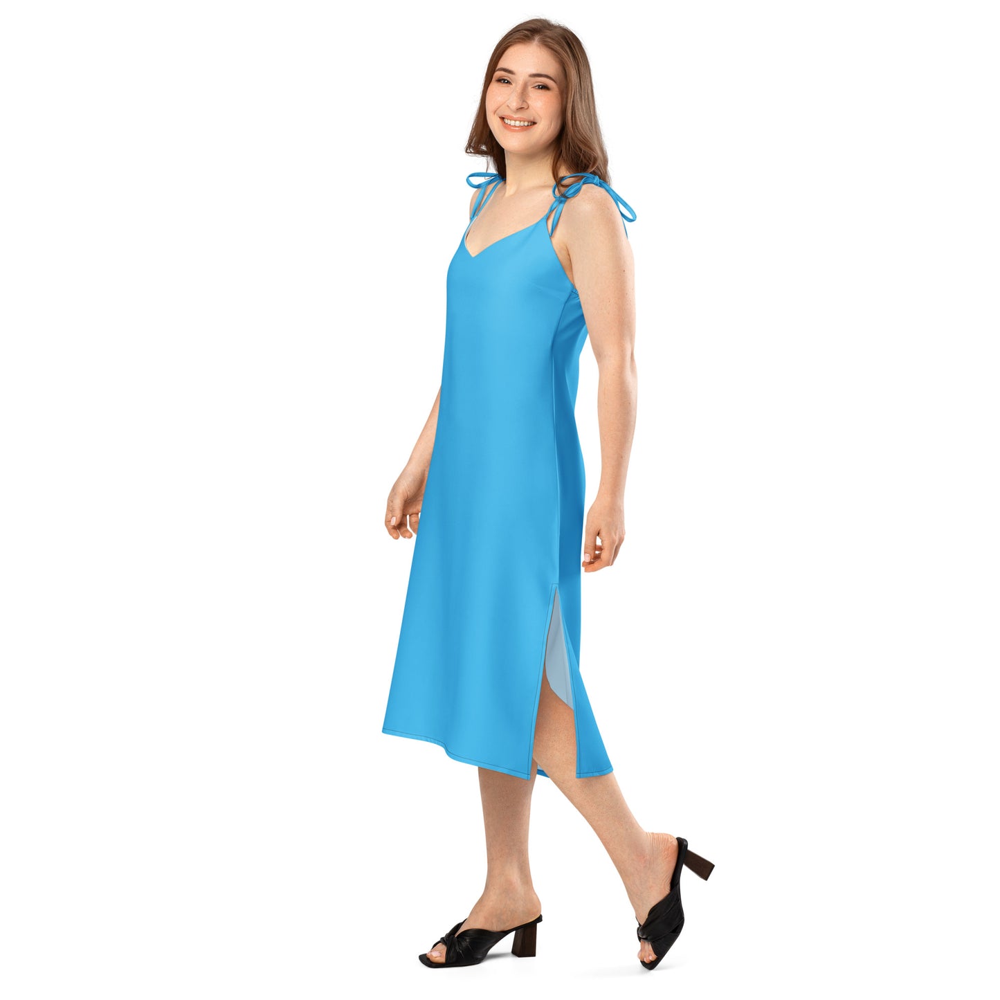 Deep Sky Blue Tie - Strap Midi Dress - ClotheNest