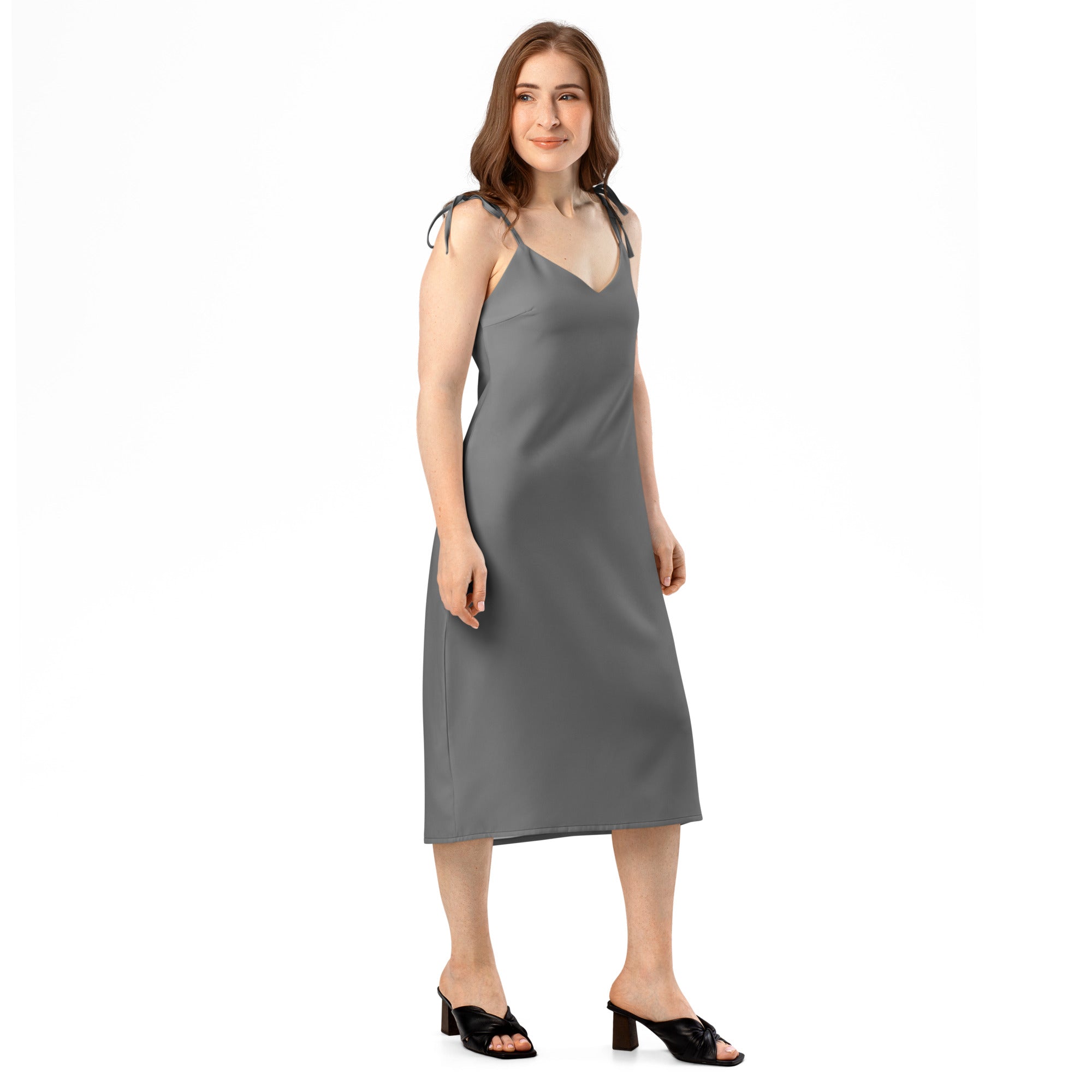 Grey Tie - Strap Midi Dress - ClotheNest